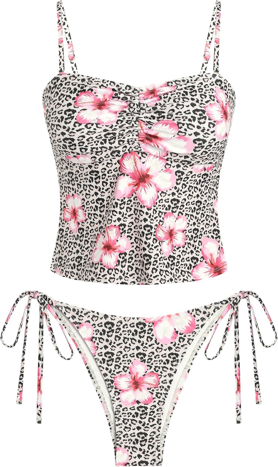 ZAFUL Tankini Set for Women Two Piece Swimsuits Tie Back Halter Ruched Swim Tank Tops Bathing Suits with High Cut Bottom 2026