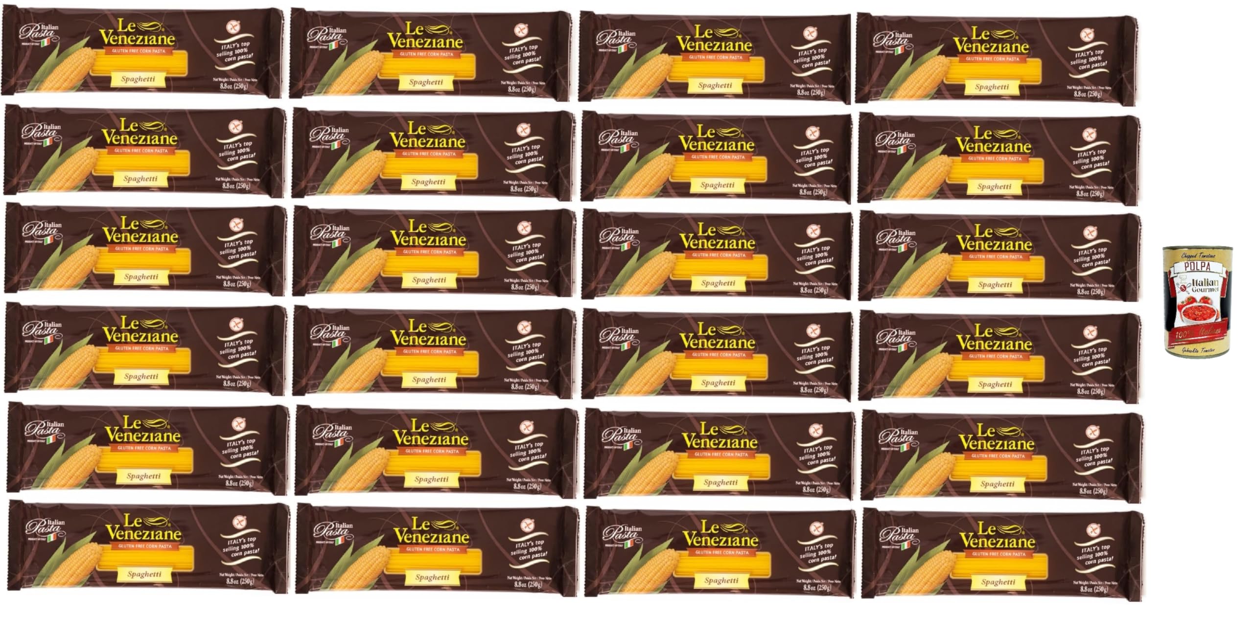 Italian Gourmet Pasta di Mais Spaghetti 24 x 250g, glutenfreie Nudeln | Senza glutine e prodotto italiano; gluten free, goldgelb, ideale Konsistenz, Gesamtnettogewicht 6 kg + Kostenlos Polpa 400g