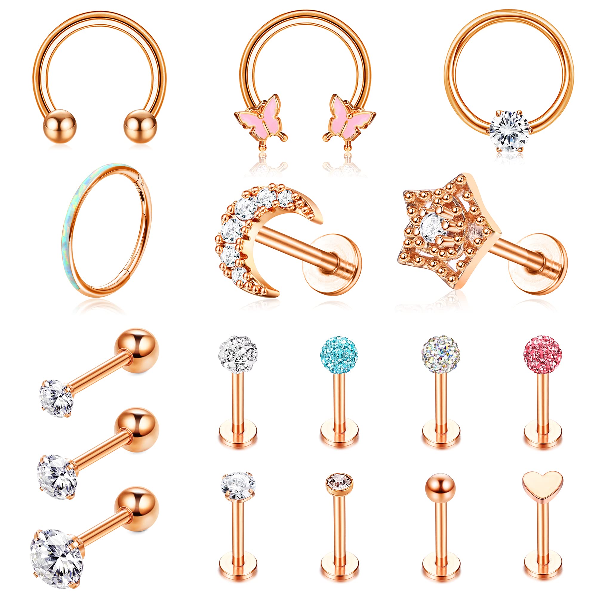 MILACOLATO 17Pcs Piercing Oreja Cartílago Pendientes De Aro para Las Mujeres Piercing CZ Opal Acero Inoxidable 16G Labret Flat Back Pendientes Daith Tragus Helix Pendientes 8mm