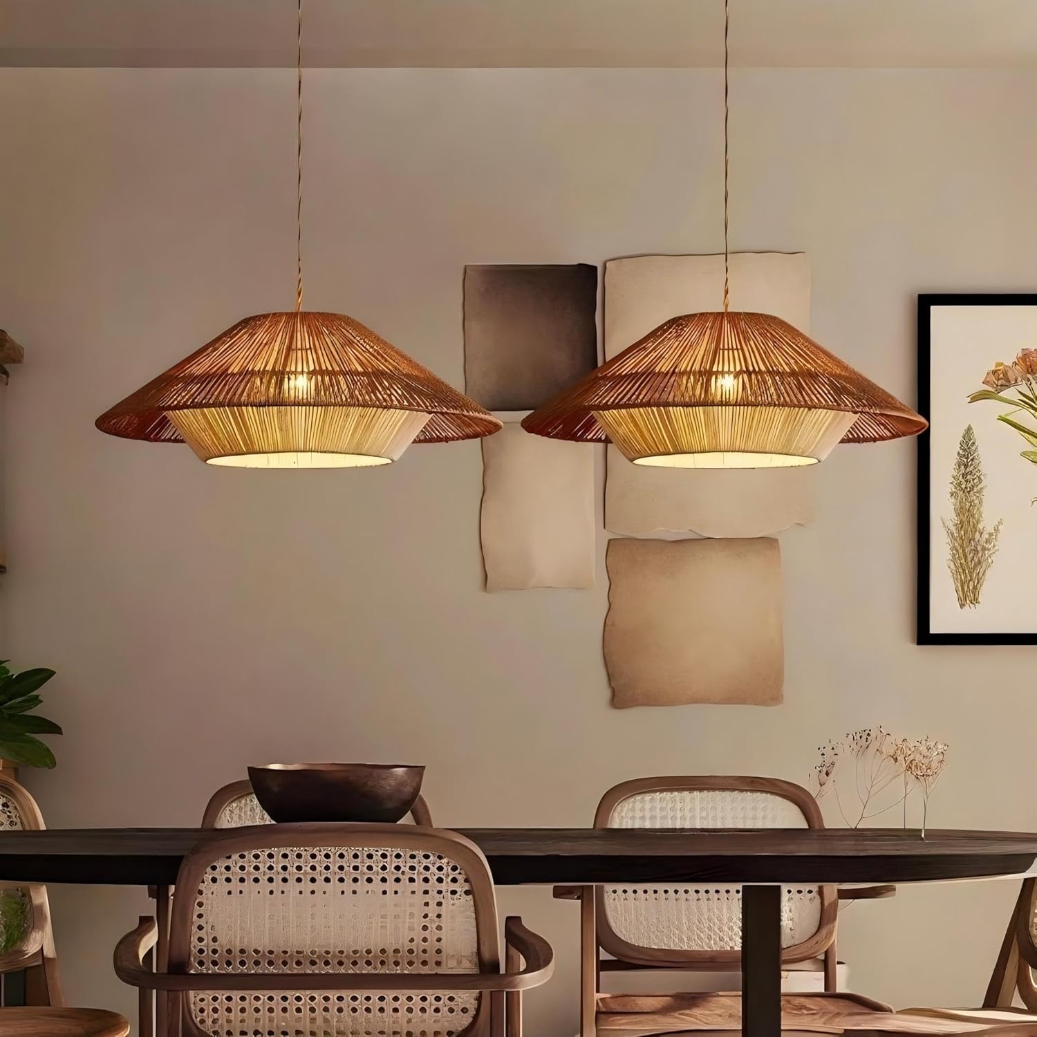 LIGHTLAND 23.6 Inch Bohemian Rattan Pendant Light, Twine Woven Chandelier, Wabi-sabi Style Handwoven Chandelier for Dining Room, Kitchen Island, Living Room