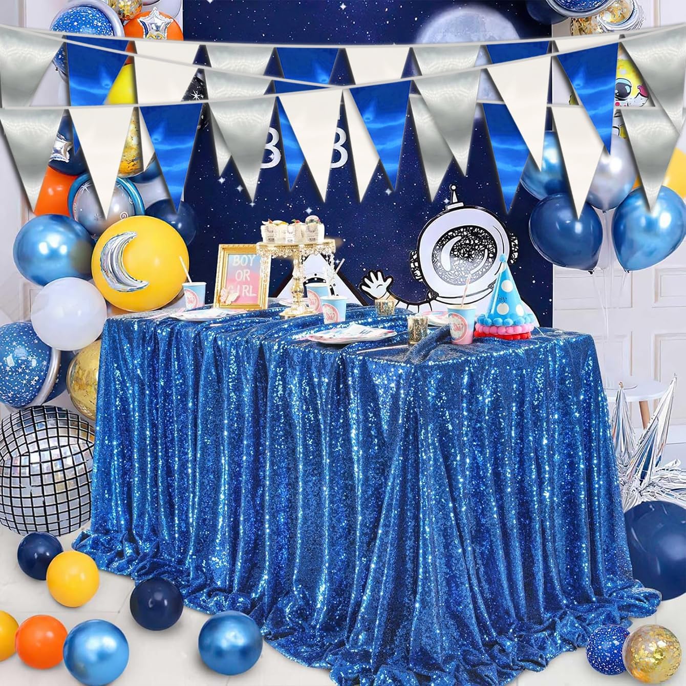 65FT Navy Blue White Silver Triangle Pennant Banner Flag Metallic Fabric Bunting Garland for Christmas Graduation Birthday Wedding Bridal Shower Nautical Ahoy Achor Theme Party Decorations Supplies - Image 5