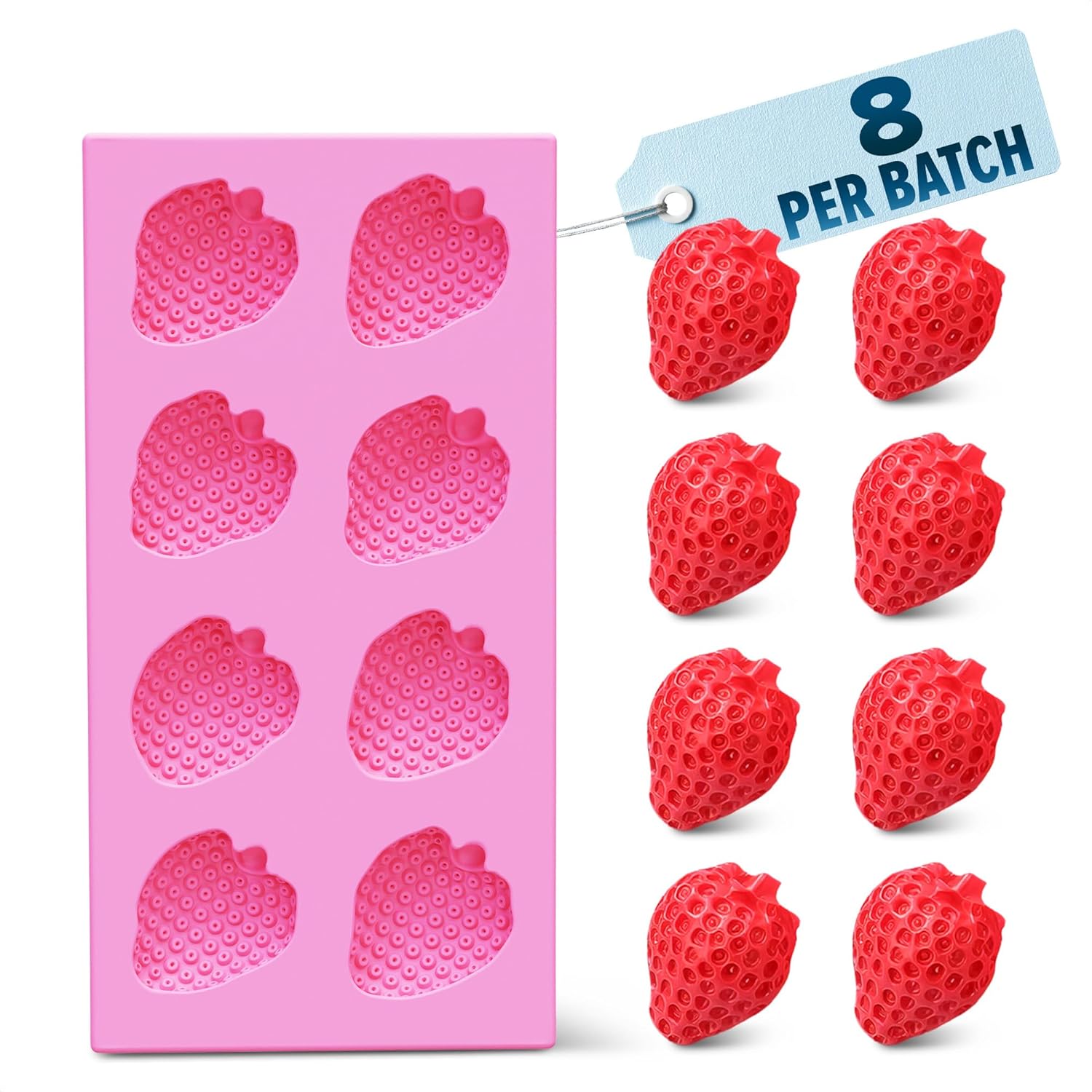 Strawberry Silicone Mold – Food-Grade Strawberry Mold, Pink Silicone Pan 4.2" × 2.2" with 8 Cavities – Flexible Bakeware for Chocolate, Candy, Jelly, Fondant, Soap Making, Polymer Clay & Candle Crafts