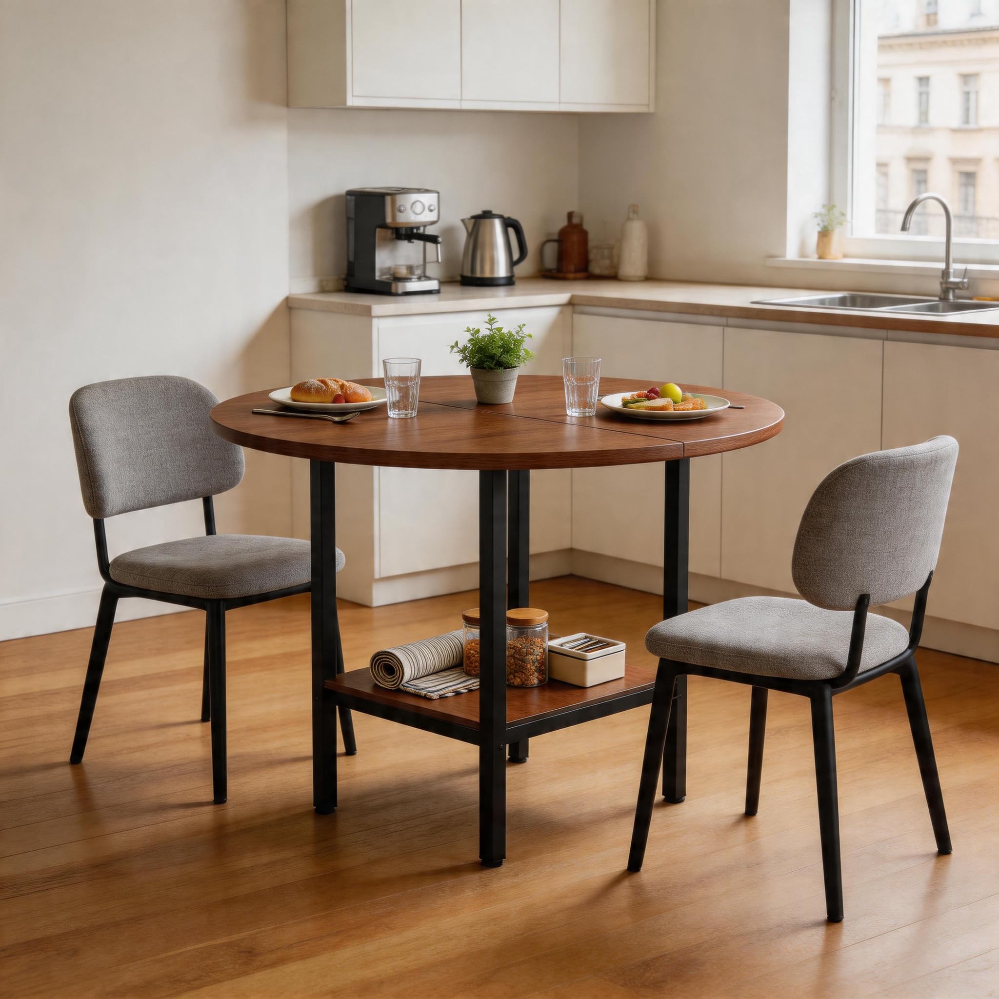 Table à manger ronde plateau décor noyer et piétement métal noir diamètre 100 cm