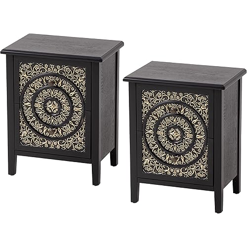 2-Drawer Fully-Assembled Flower Motif Nightstand Set of 2 for Small Spaces, French Country, Modern, Distressed Finish,Gold & Black