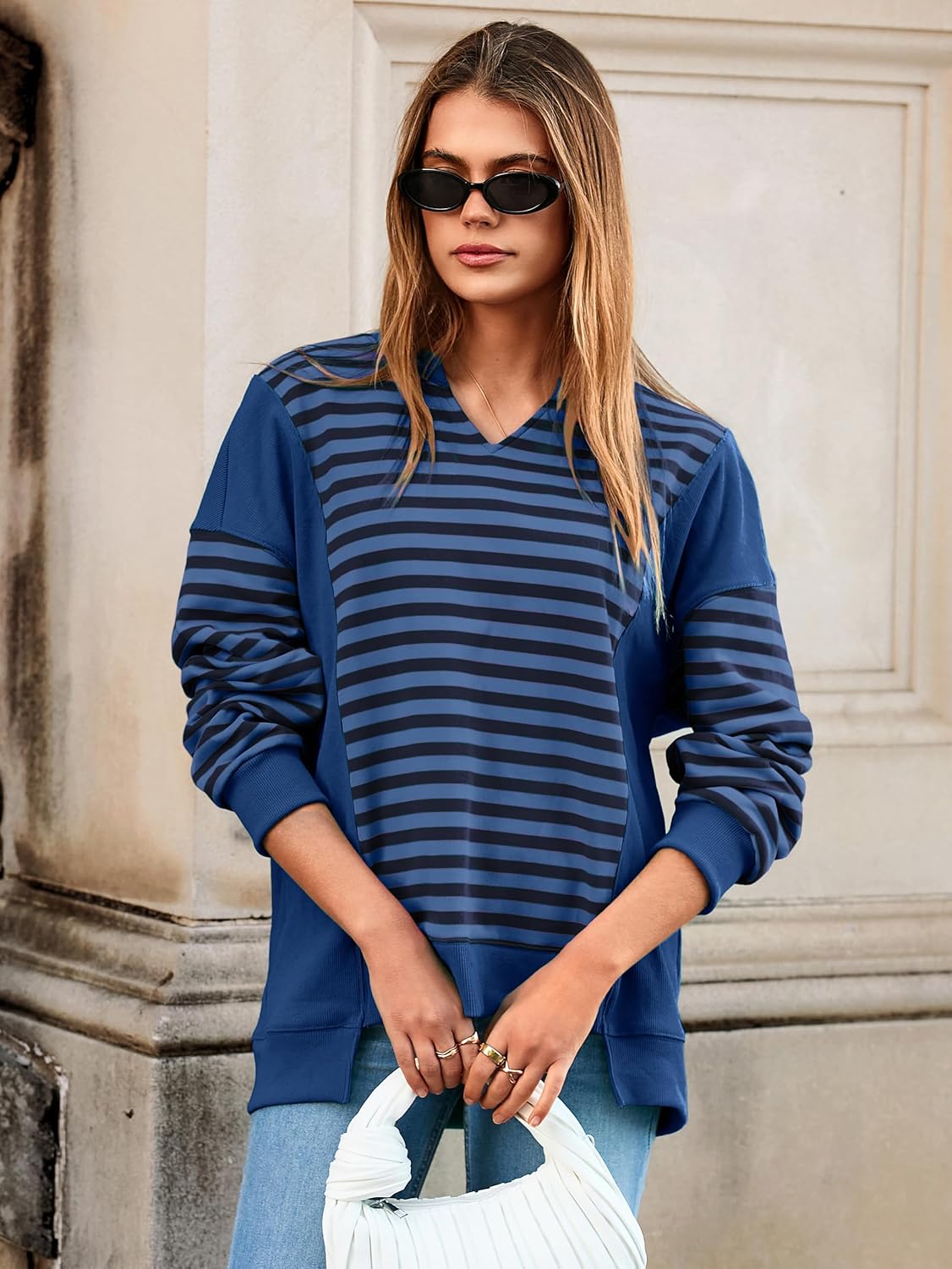Glamaker Womens Striped Long Sleeve Sweatshirts Loose V Neck Fashion Winter Pullover Outdoor Comfort Fall Trendy Tops 2025 - Image 4