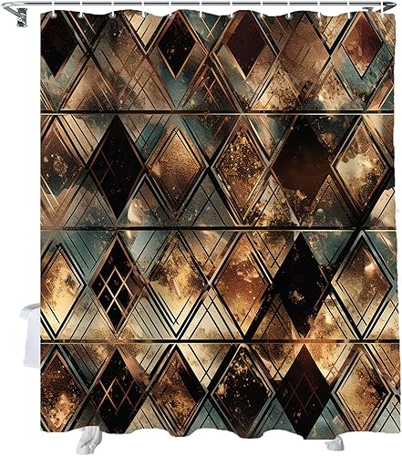 Juego de cortinas de ducha impermeables con 12 ganchos, diseño geométrico de rombos dorados, negro, azul, 72 x 72 pulgadas, cortina de ducha para