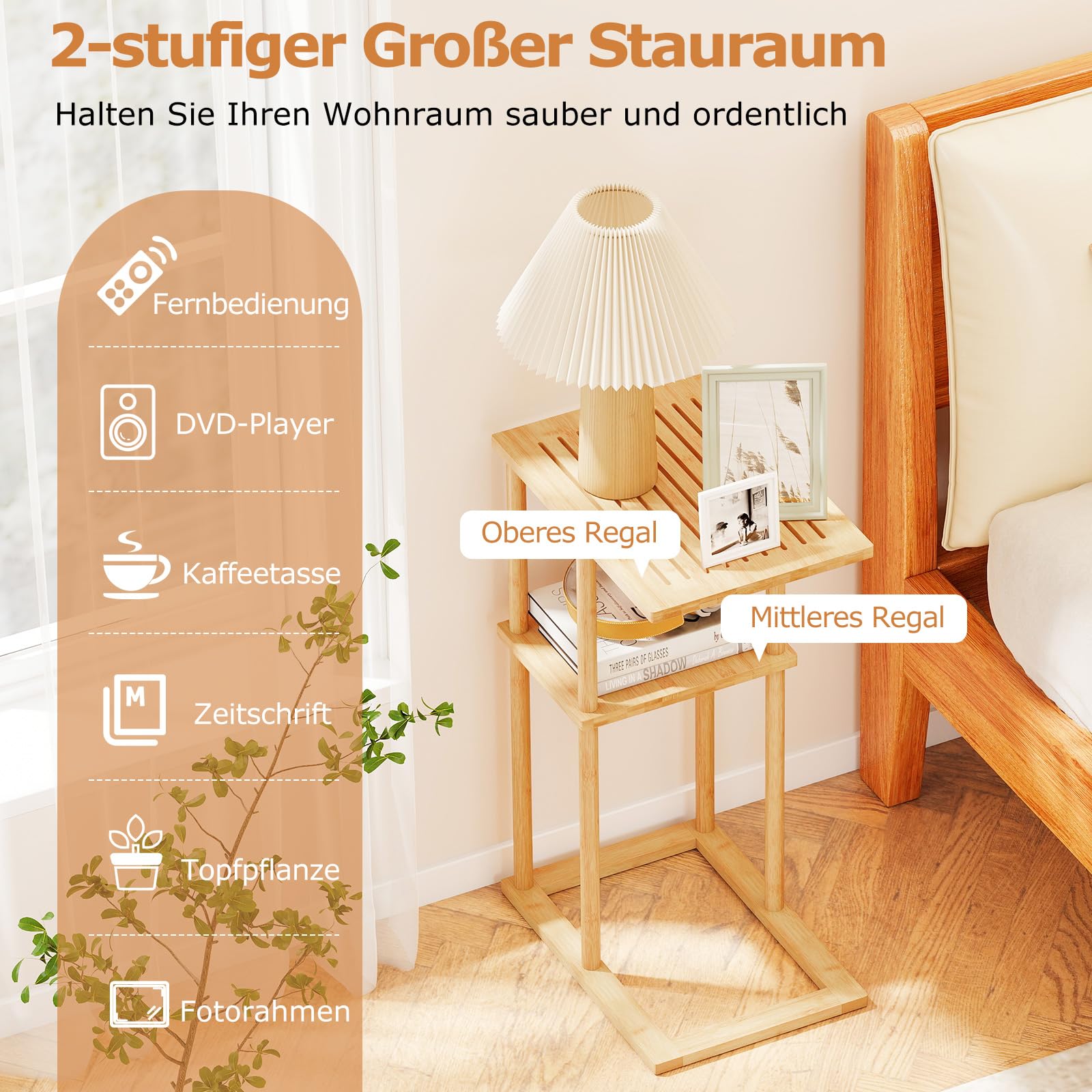 COSTWAY 2er Set Beistelltisch, Nachttisch schmal aus Bambus, rechteckiger Sofatisch mit Ablageflächen, Countisch C-Form, Nachttisch für Wohnzimmer und Schlafzimmer