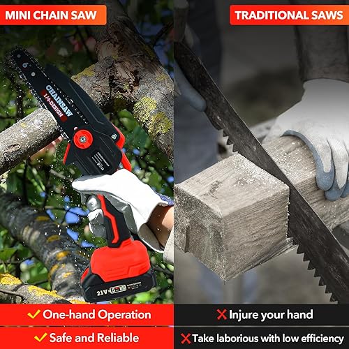 Miniatura 8 de YesRight Mini motosierra portátil inalámbrica de 6 pulgadas con bloqueo de seguridad, pequeña motosierra eléctrica con 2 baterías recargables para