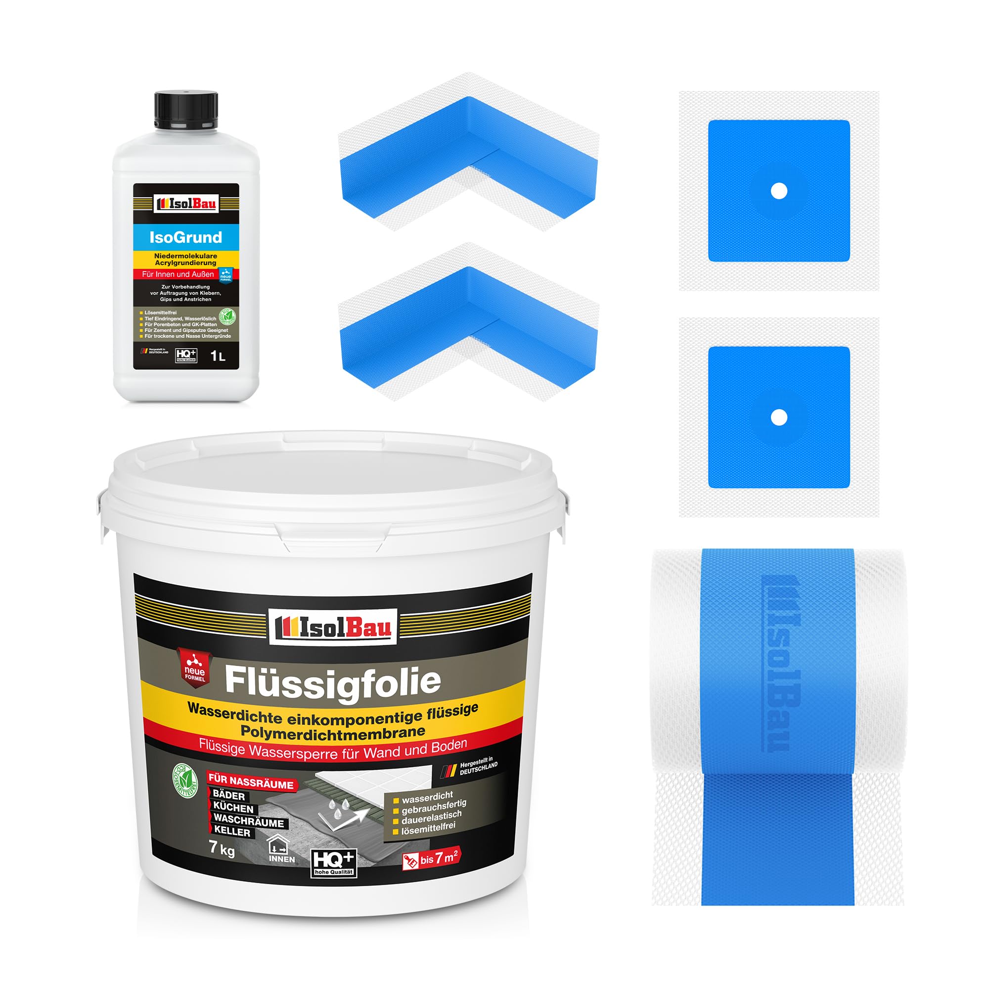 Isolbau Dicht-Set - Inkl. 1x Flüssigfolie (7 kg), 1x Isogrund (1 L), 1x Dichtband (5 m), 2x Innenecken & 2x Manschetten
