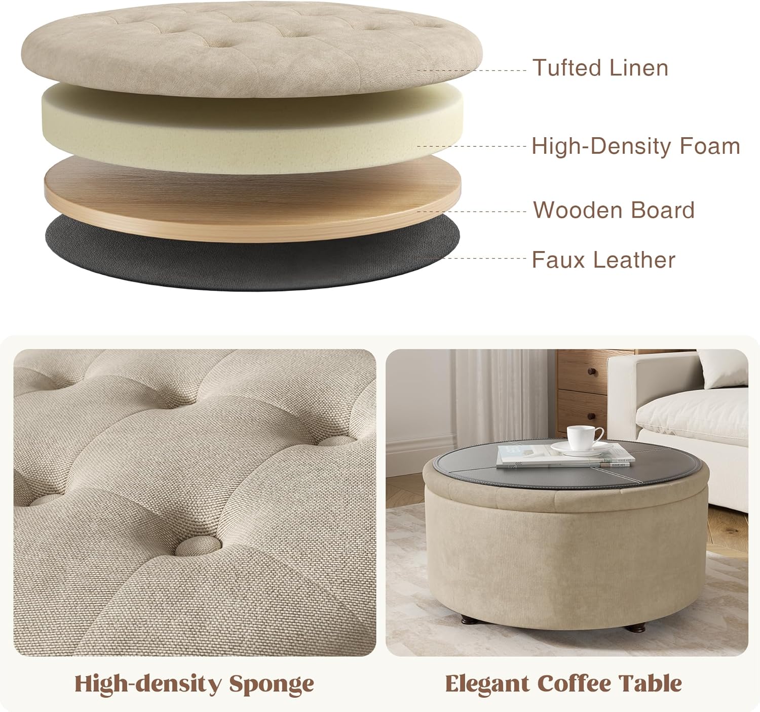 30 Inch Round Storage Ottoman,Modern Tufted Ottomans,Circular Coffee Table with Removable Top,Upholstered Large Ottoman with Storage Footrest Stool for Bedroom Living Room (Lightbrown)