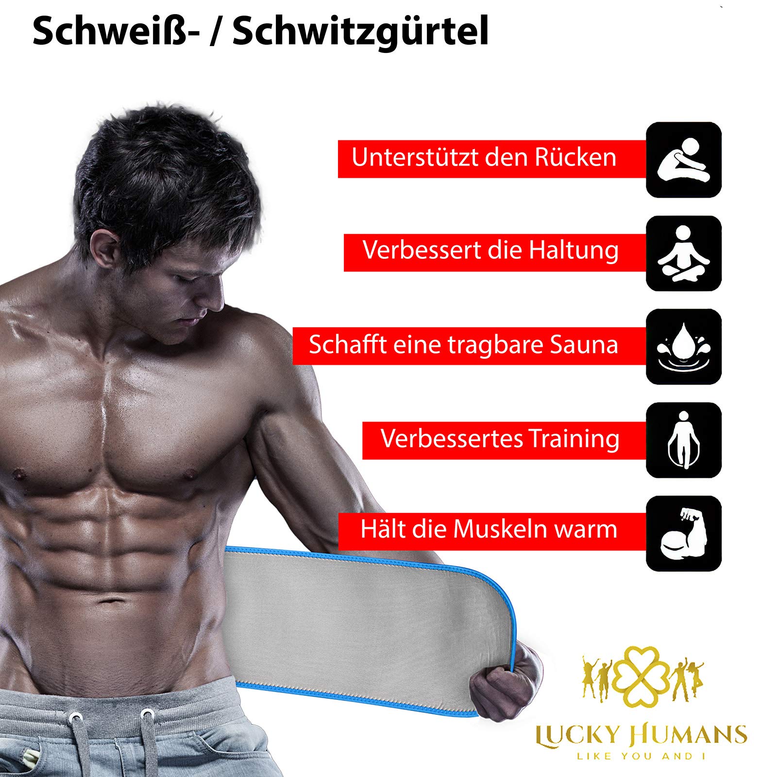 Lucky Humans® Hochwertiger Bauchweggürtel Herren Damen, Hula Hoop Gürtel, Schwitzgürtel, Bauchgürtel Neopren Nano Silber, Bauch Weg Trainer, Sweat Belt Waisttrainer