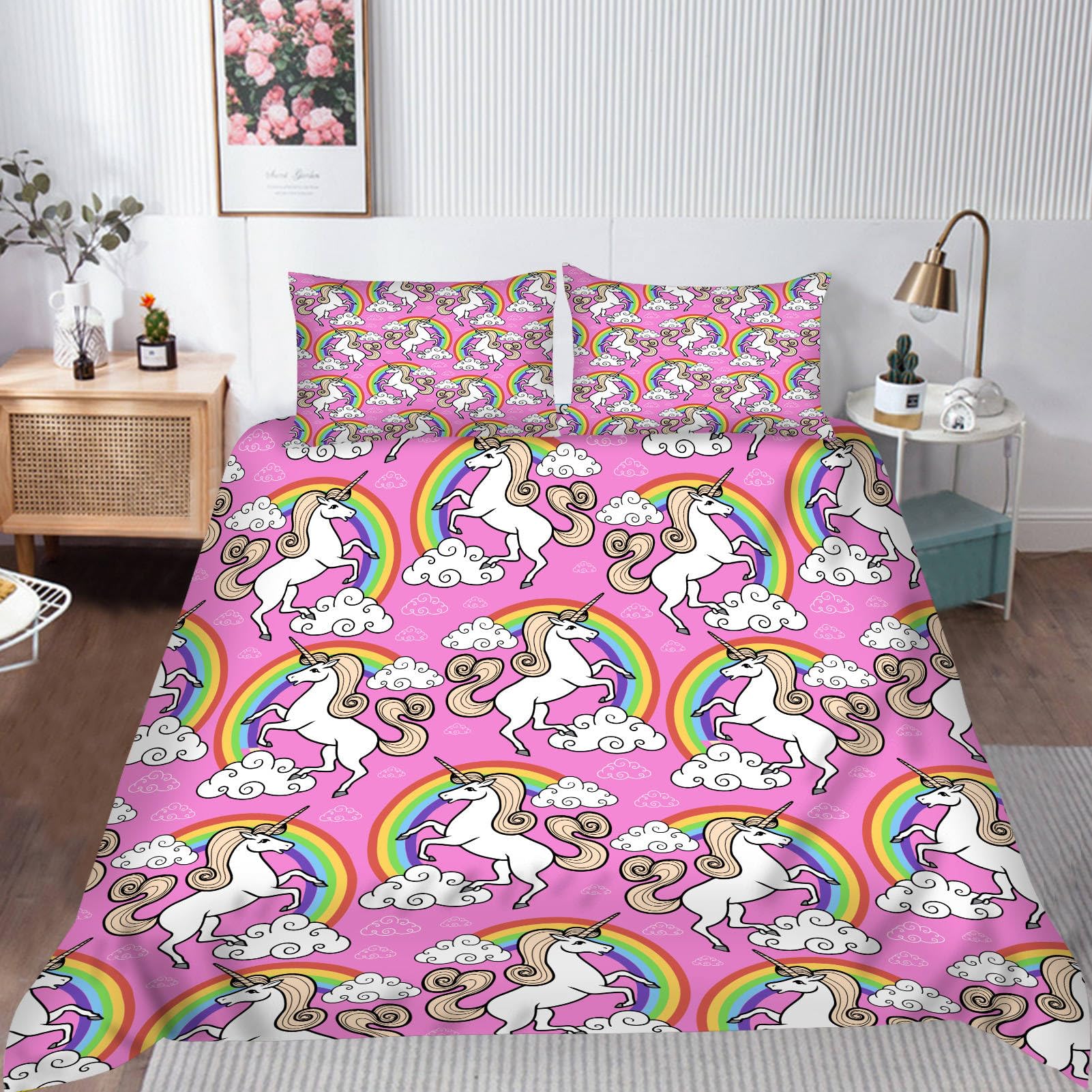 ANHOPE Unicorn Duvet Cover Set Soft Lightweight 3 Piece Bedding Set including 2 Pillowcase Pink Background Colorful Rainbow Unicorn Cloud Print Pattern Kids Girls Quilt Cover with Zipper Closure Single - Image 2