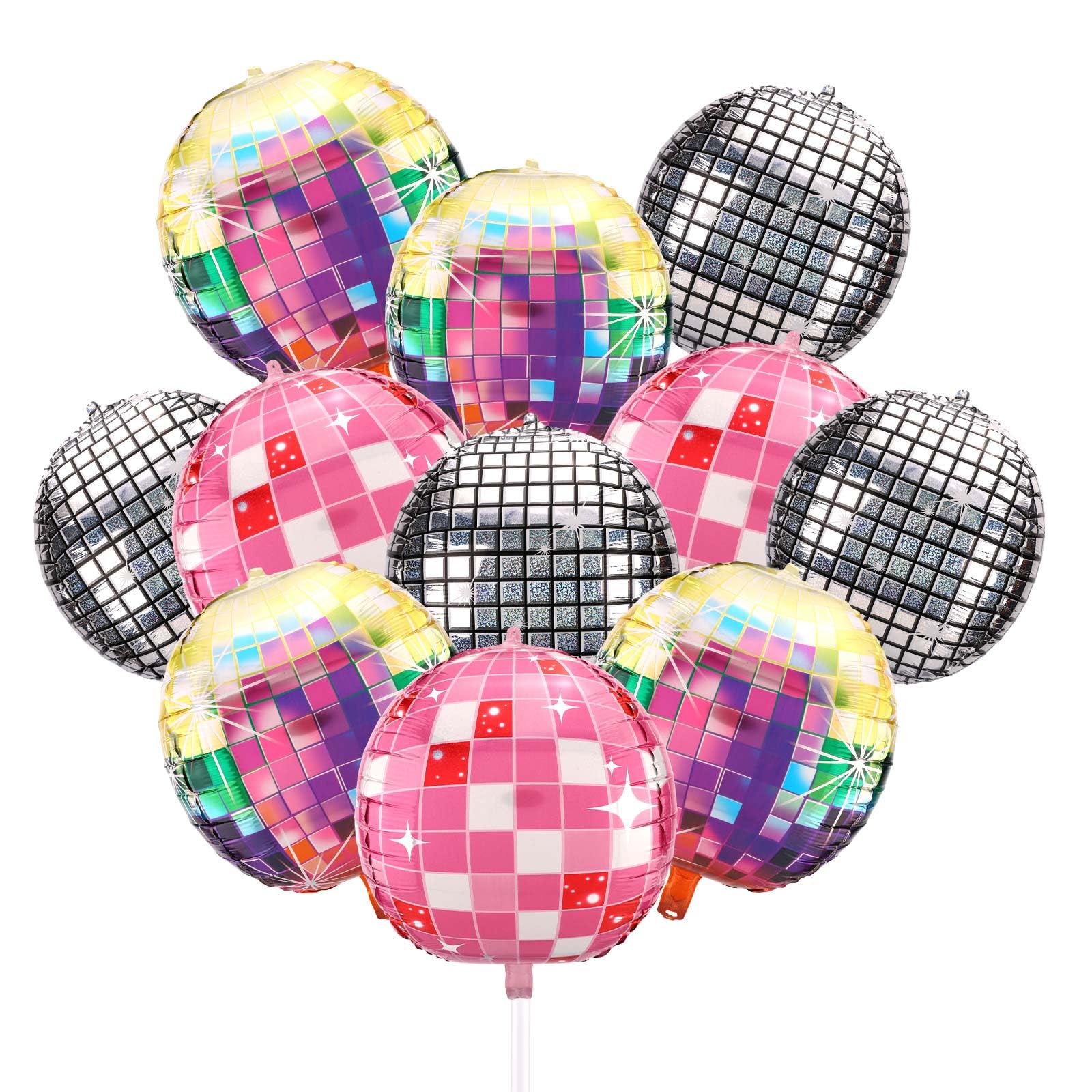 Fukaisu 12pcs 4D Disco Balloons, Round Pink Silver Round Balloon 80s 90s Theme Inflatable Blow Up Disco Ball Party Supplies for Birthday Party Decor