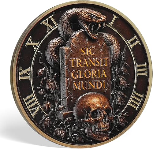 Miniatura 4 de Moneda de calavera estoica Memento Mori - Moneda de desafío Memento Vivere con tumba de serpiente y reloj de arena - Sic Transit Gloria Mundi - Time