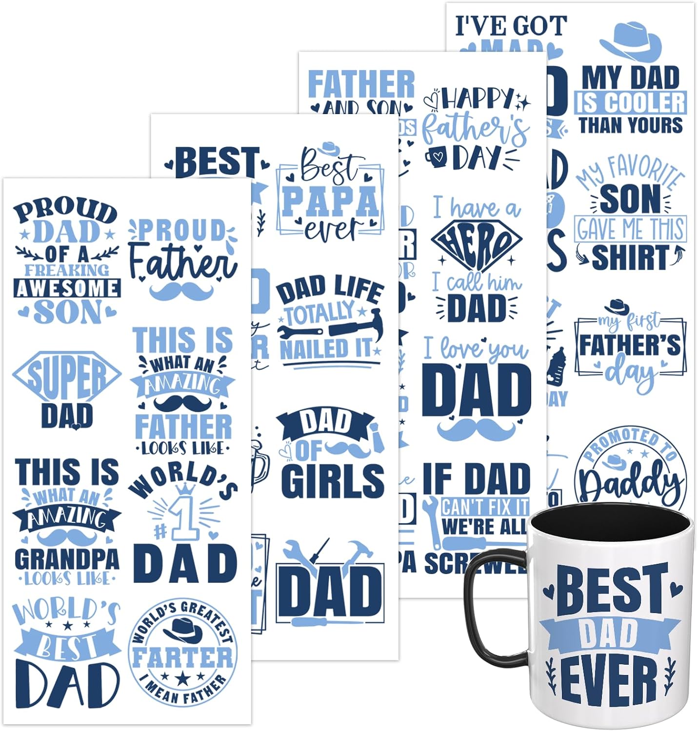4 PCS Father's Day Bester Papa UV DTF Transfer Decals, for Glass Tumblers, Ceramic and Acrylic, High-Adhesion Rub on Stickers for Drinkware and Crafts