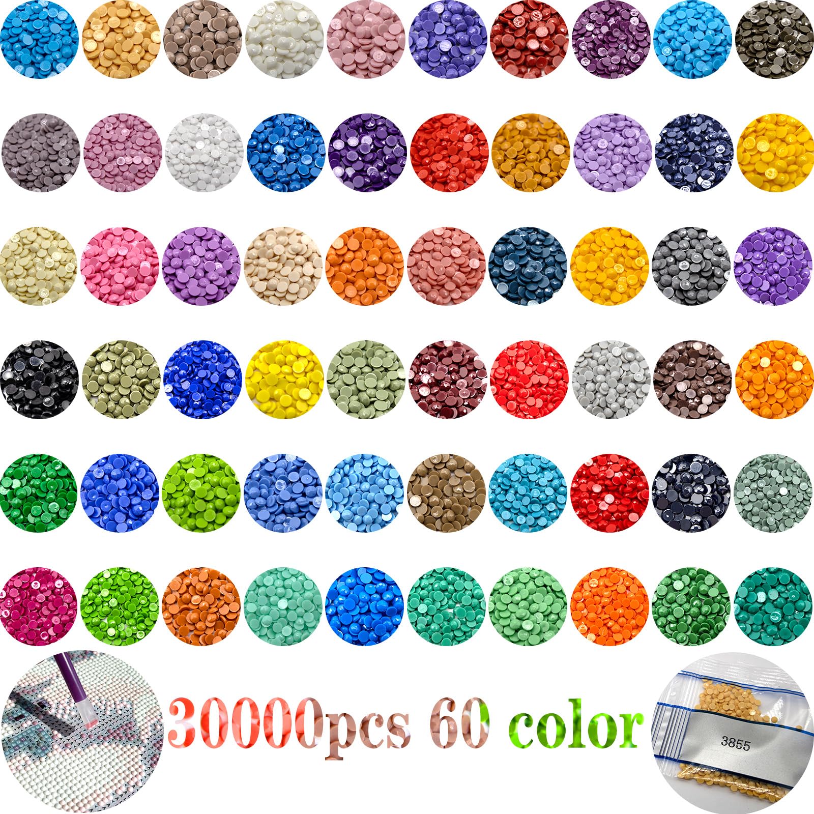 30000 Pieces 60 Color Diamond Art Painting Beads,Flat Bottom Round Resin Rhinestones for Diamond Art Painting Accessories, Round Drills for 5D Diamond Art DIY Craft