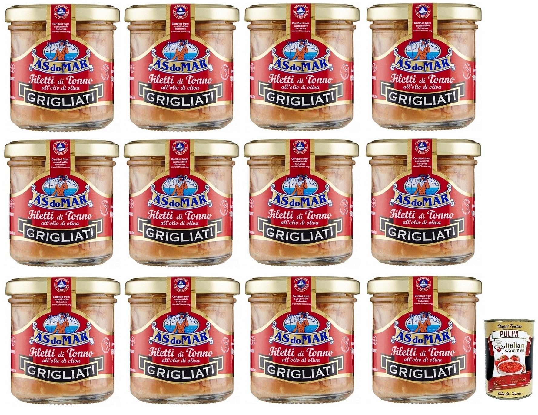 12x AS do MAR Filetti di Tonno Grigliati all'Olio di Oliva,Gegrillte Thunfischfilets in Olivenöl,150g Glas + Italian Gourmet Polpa di Pomodoro 400g Dose