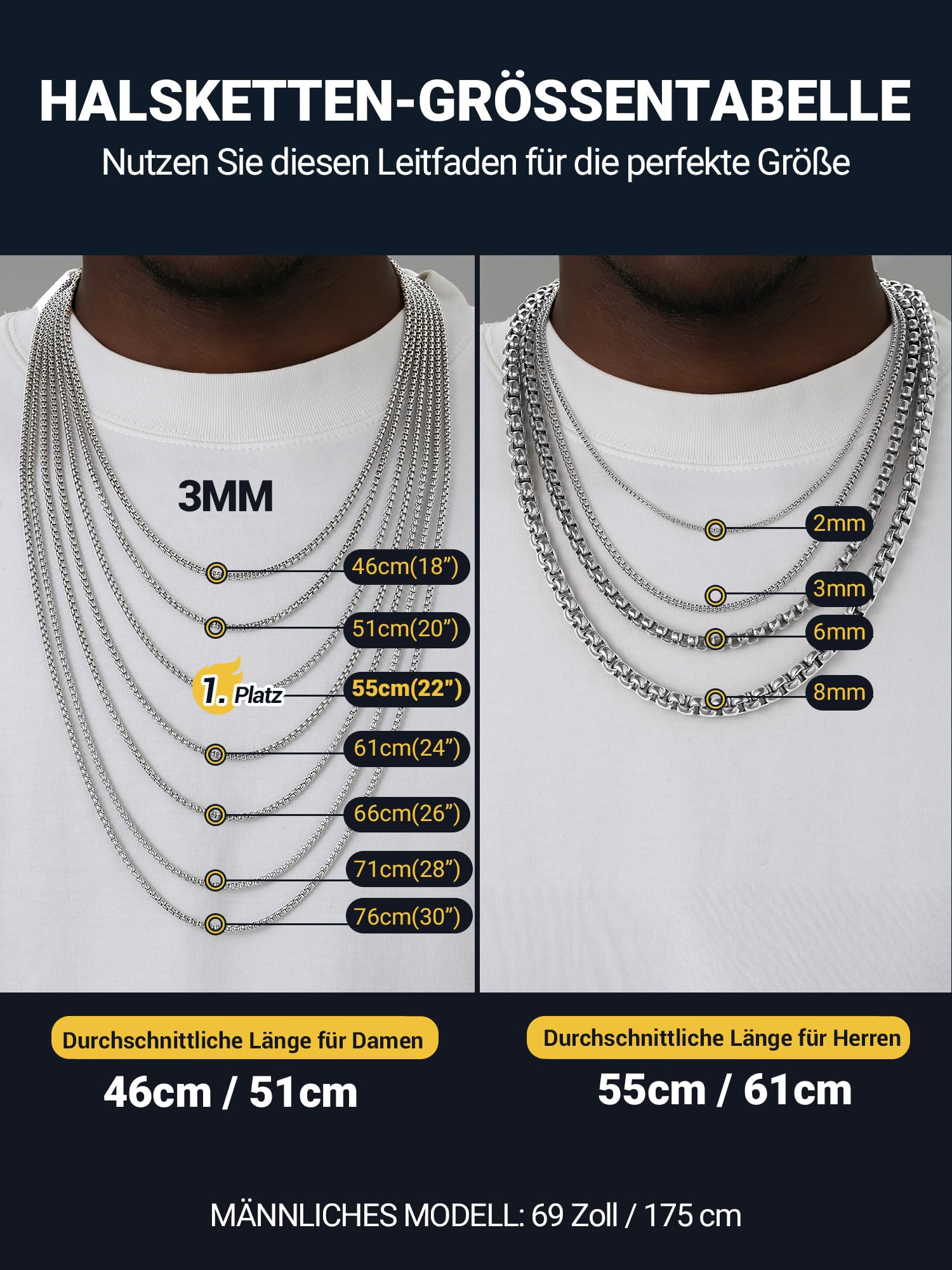 PROSTEEL Halskette Herren Damen Edelstahl Kette - Venetian Box Briolette Kette Silber/Gold/Schwarz Breite 2mm/3mm/6mm/8mm Länge 46-81cm Schmuck für Männer Jungen