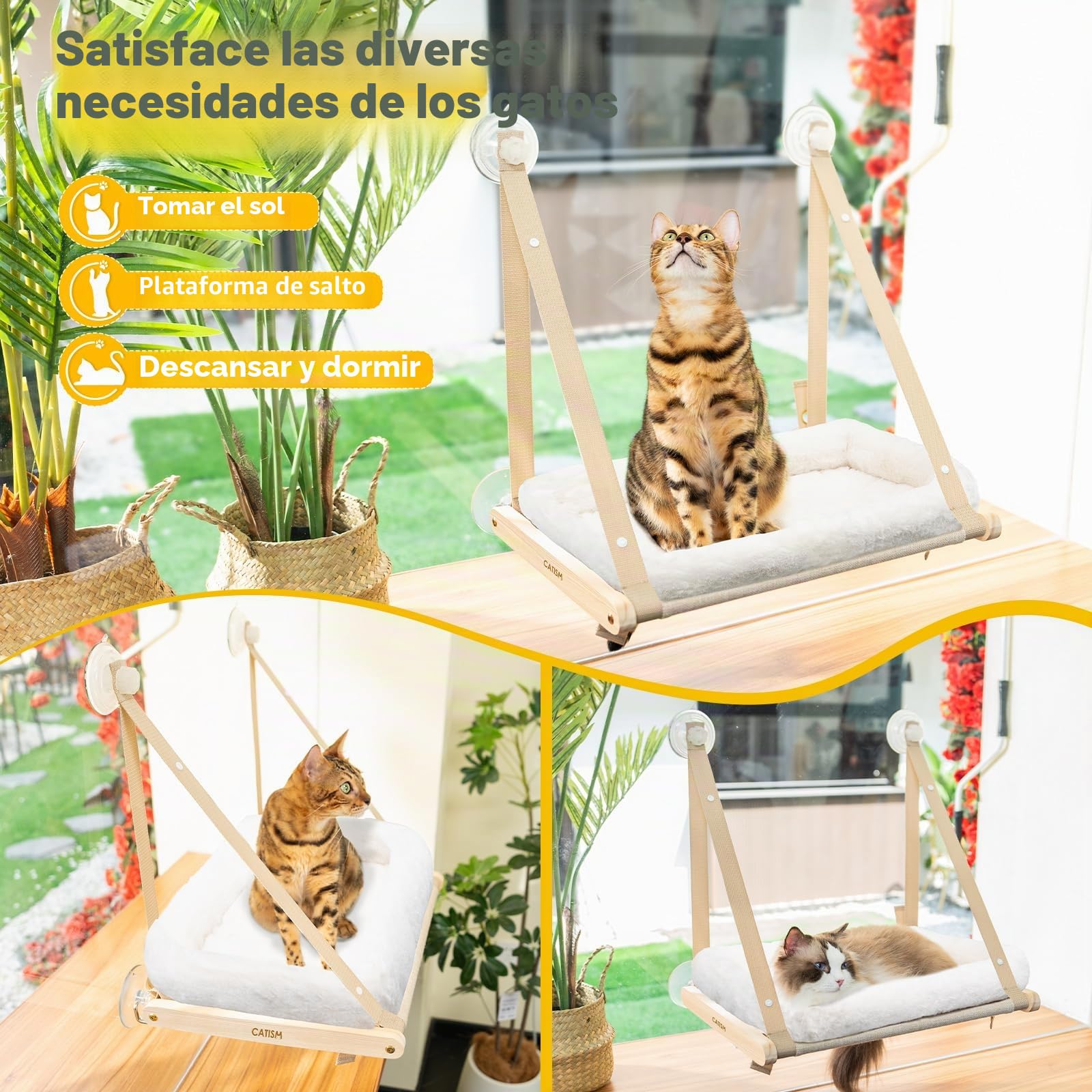 CATISM Plegable Hamaca Gato Ventana con Cojín de hasta 20kg, Hamaca para Gatos con Ventosa Fuerte, Lavable Tela Transpirable, Soporte para alféizar de Ventana, Saco de Dormir para Gatos (50x38cm)