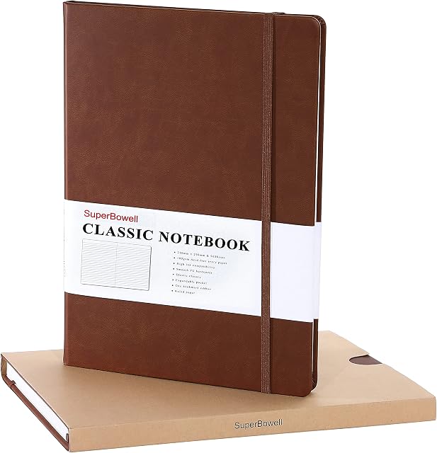 SuperBowell A4 Executive Notebook, X-Large Journal 8.5 x 11.6 inches,Hardcover Notebooks with Premium Leather,College Ruled Journals,100GSM Lined Thick Paper ,192 Pages (Ruled,Brown)