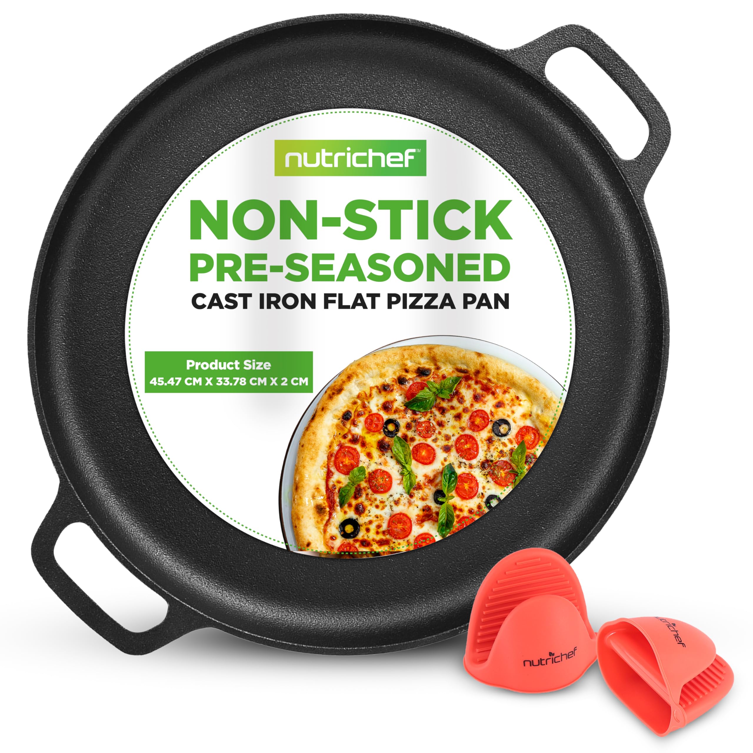 13" Cast Iron Pizza Pan - Cast Iron Pizza Baking Pan Steel Pizza Cooker W/Easy Grip Handle - For Gas, Electric, Glass, Induction Cooker, Oven, & Grill/Campfire - 2 Silicone Handles - Nutrichef NCCIPD
