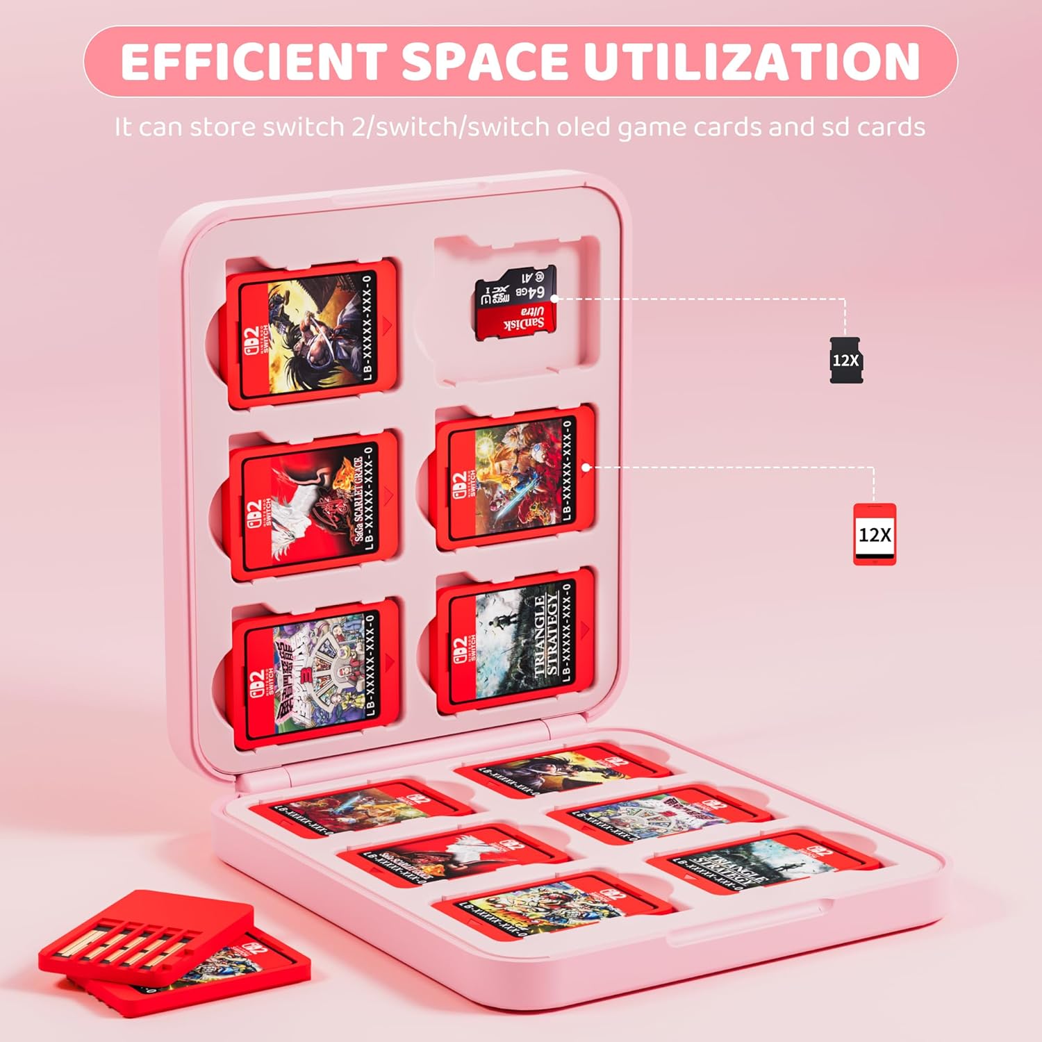 PAWDIARY Pink Switch 2 Game Card Case, Hardshell Compact Switch 2 Game Card Holder for 12 Slots New Switch Game Cards and 12 Slots SD Cards Storage, Cute Strawberry Design Switch 2 Cartridge Case - Image 3