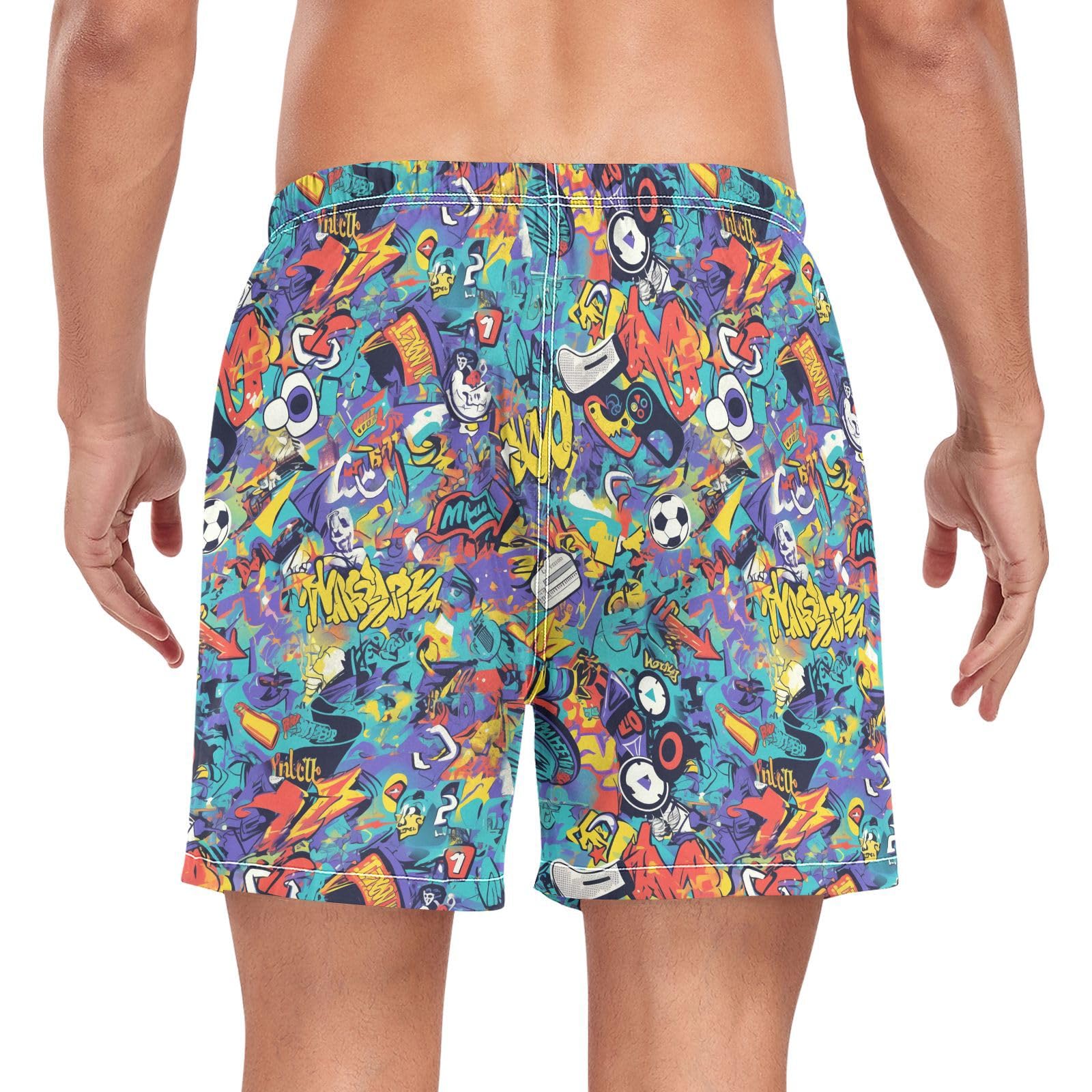 JUNZAN Men's Swim Shorts Blue Mens 2In1 Workout Shorts with Pockets and Compression Liner Gym ShortsCartoon Graffiti