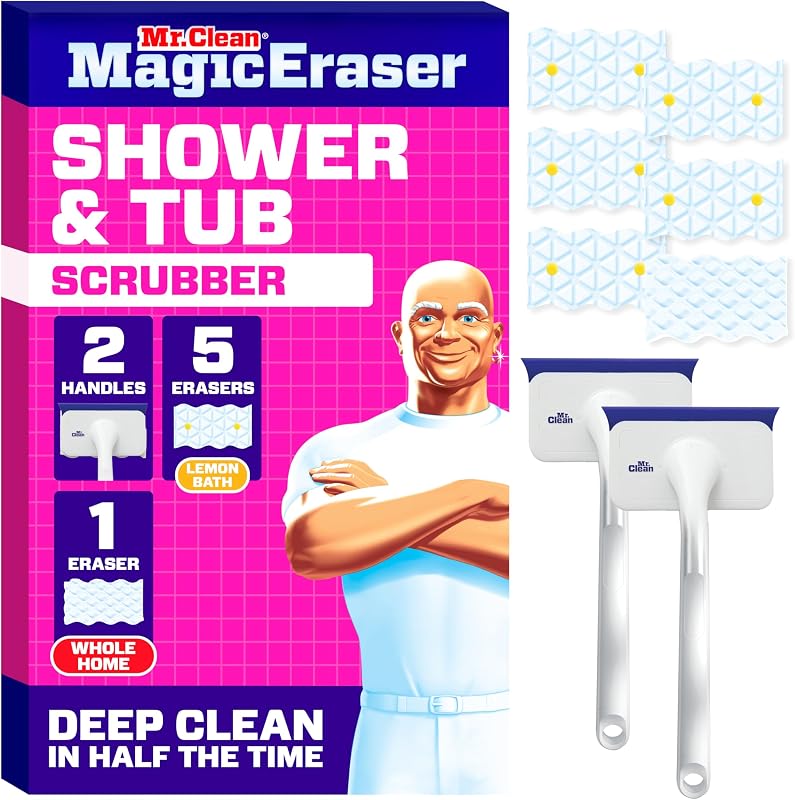 Mr. Clean Magic Eraser Shower & Tub Scrubber, Bathroom Cleaner, All in One Bathroom Cleaner, Lemon Starter Kit, 2 Scrubber, 5 Foaming Magic Erasers, 1 Whole Home Extra Durable Magic Eraser