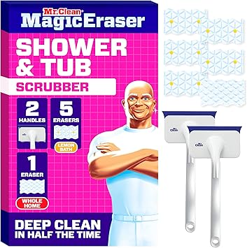 Mr. Clean Magic Eraser Shower & Tub Scrubber, Bathroom Cleaner, All in One Bathroom Cleaner, Lemon Starter Kit, 2 Scrubber, 5 Foaming Magic Erasers, 1 Whole Home Extra Durable Magic Eraser