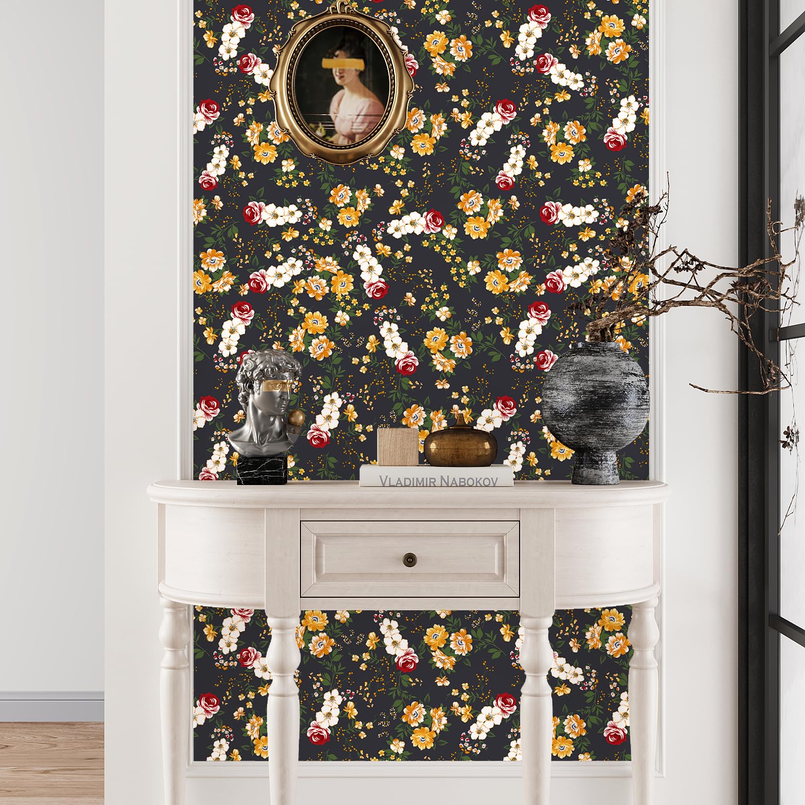 VEELIKE Dark Meadow Flower Wallpaper Vintage Black Floral Wallpaper Botanical Leaf Contact Paper Peel and Stick Patterned Wall Paper for Bedroom Bathroom Cabinet Removable 44.5cm x 300cm - Image 2