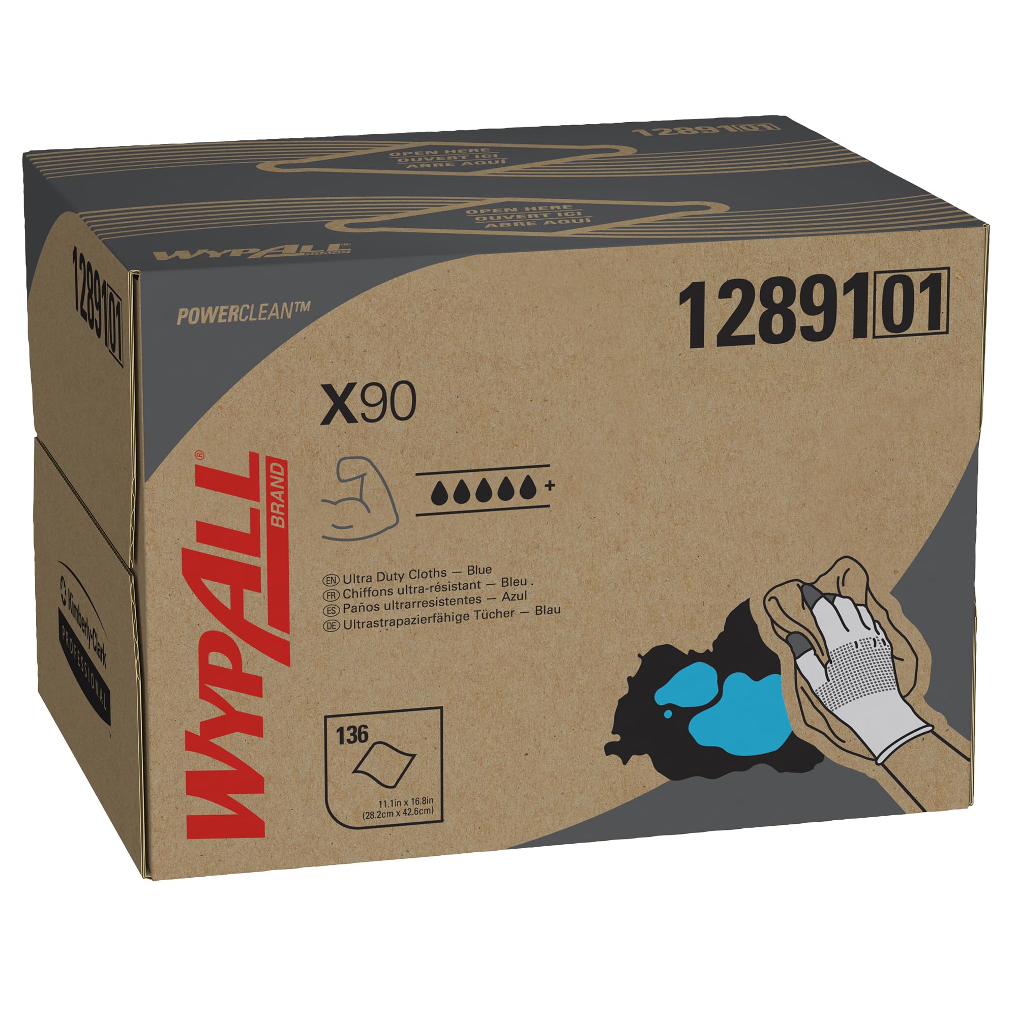 Chiffons WypAll X90 Power Clean 12891 - 1 boîte distributrice BRAG de 136 chiffons bleus, 2 épaisseurs