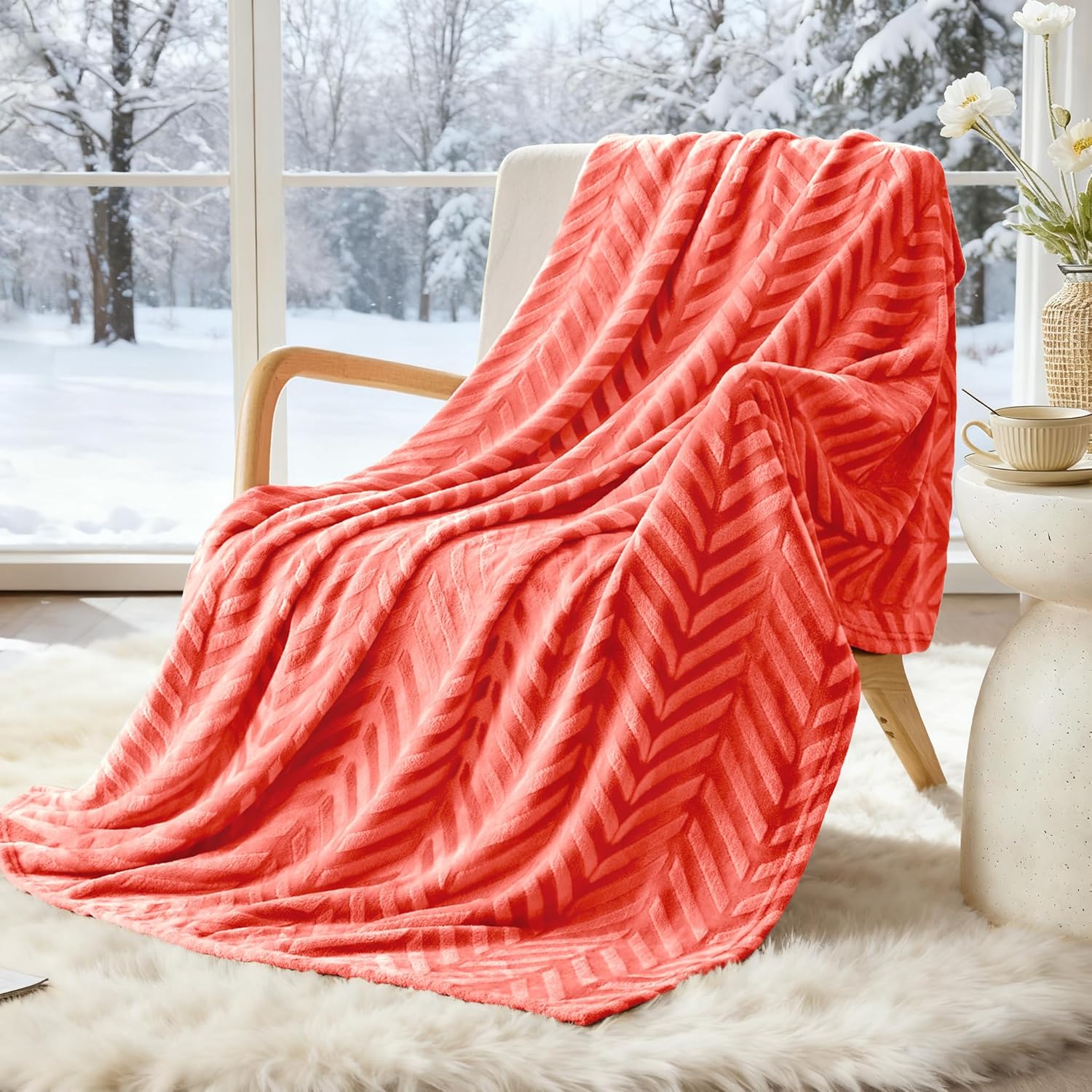 Whale Flotilla Flannel Fleece Throw Blanket for Couch Sofa Bed, Lightweight Breathable Soft Throws Plush Fluffy Chevron Design Decorative Blankets for All Season, 50x60 Inch, Coral
