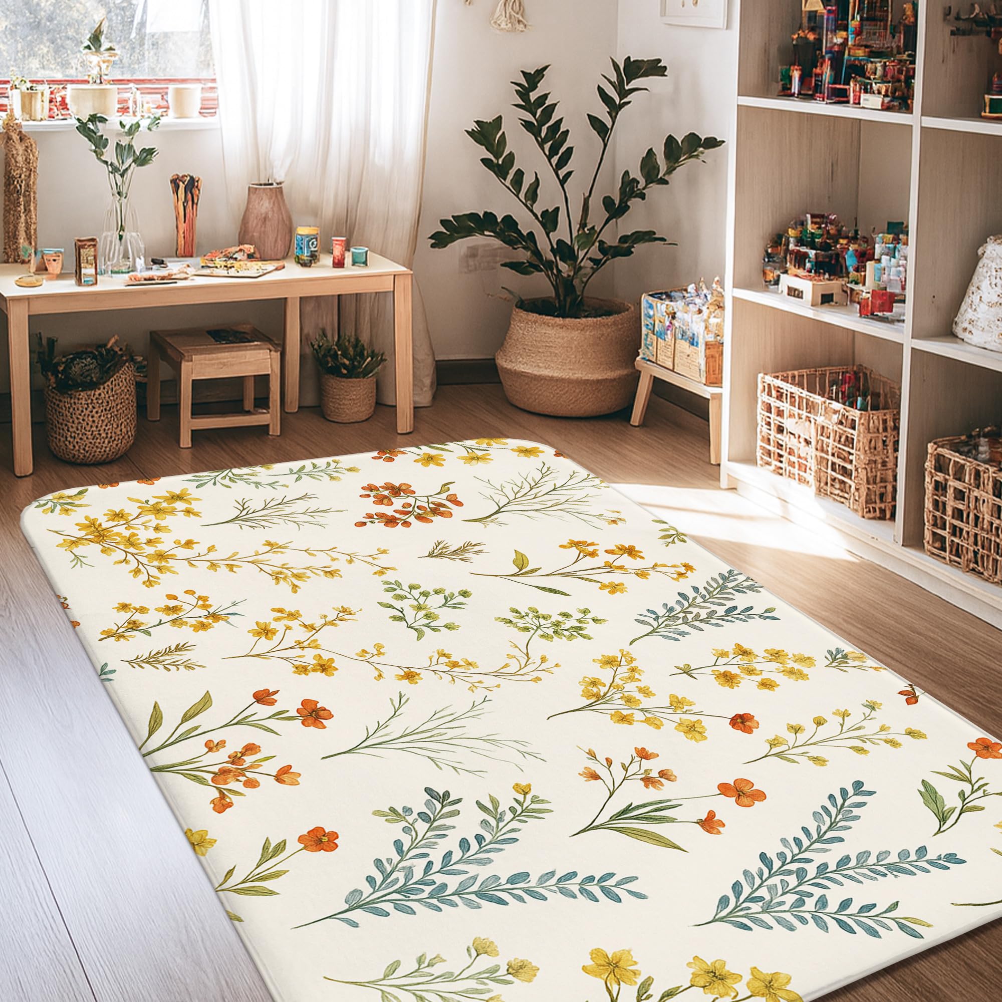 Tapis à fleurs botaniques de haute qualité jaune antidérapant