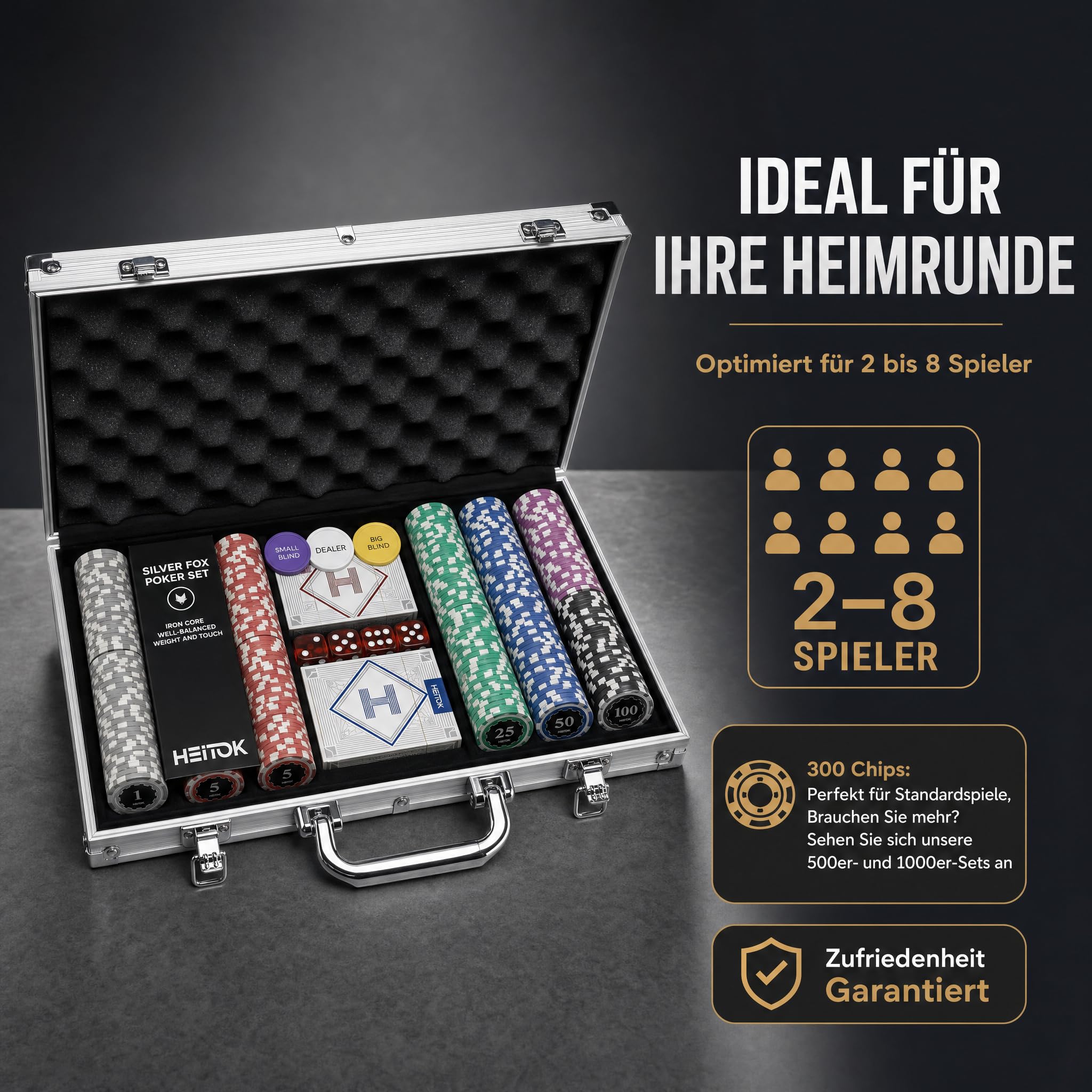 HEITOK Poker Koffer 300 Chips Set – 11,5g Pokerchips mit Wertaufdruck, Alu-Koffer, Karten, Würfel & Button | 2-8 Spieler, gut lesbare Werte, Blackjack, Karten, Würfel, Dealer und Small/Big Blind Buttons, Pokerrunden, Kartenspielabende