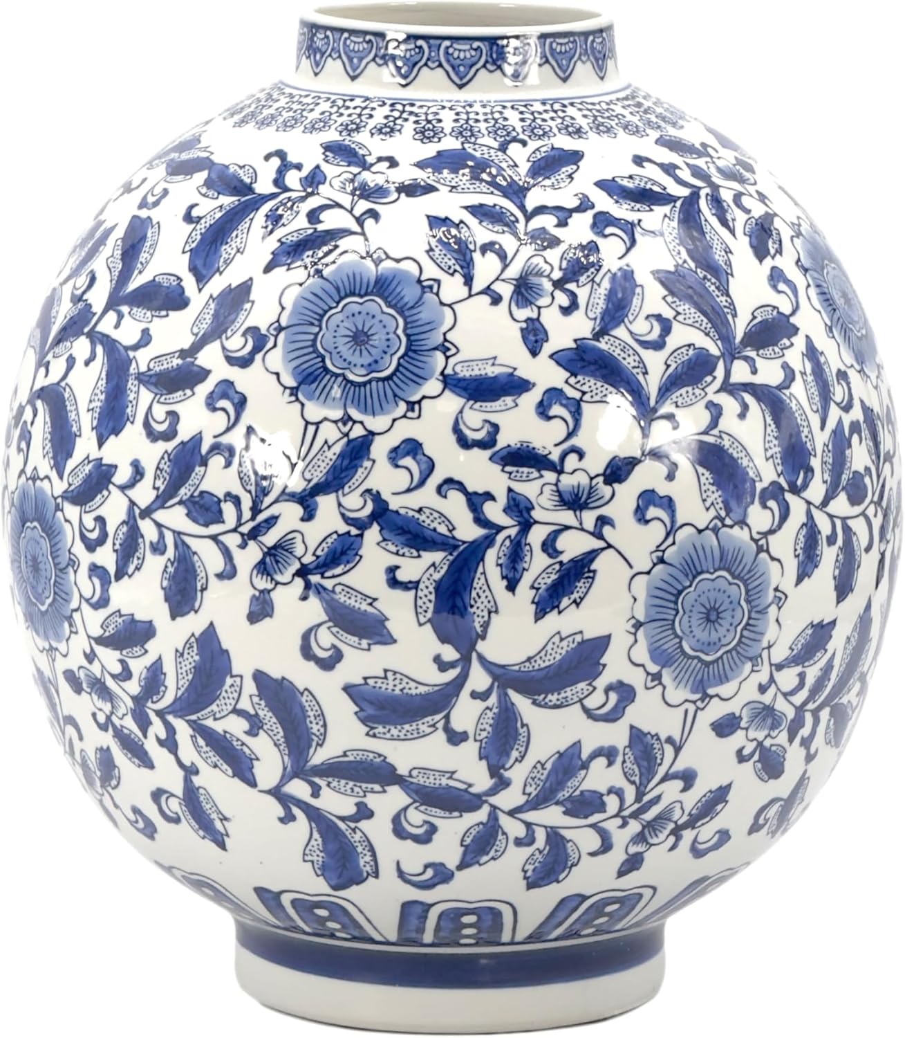 Galt International Blue & White Ceramic Floral Chinoiserie Globe Vase 12" Dia. - Round Bulb Shape Flower Vase Jar Classic Antique Home Decor