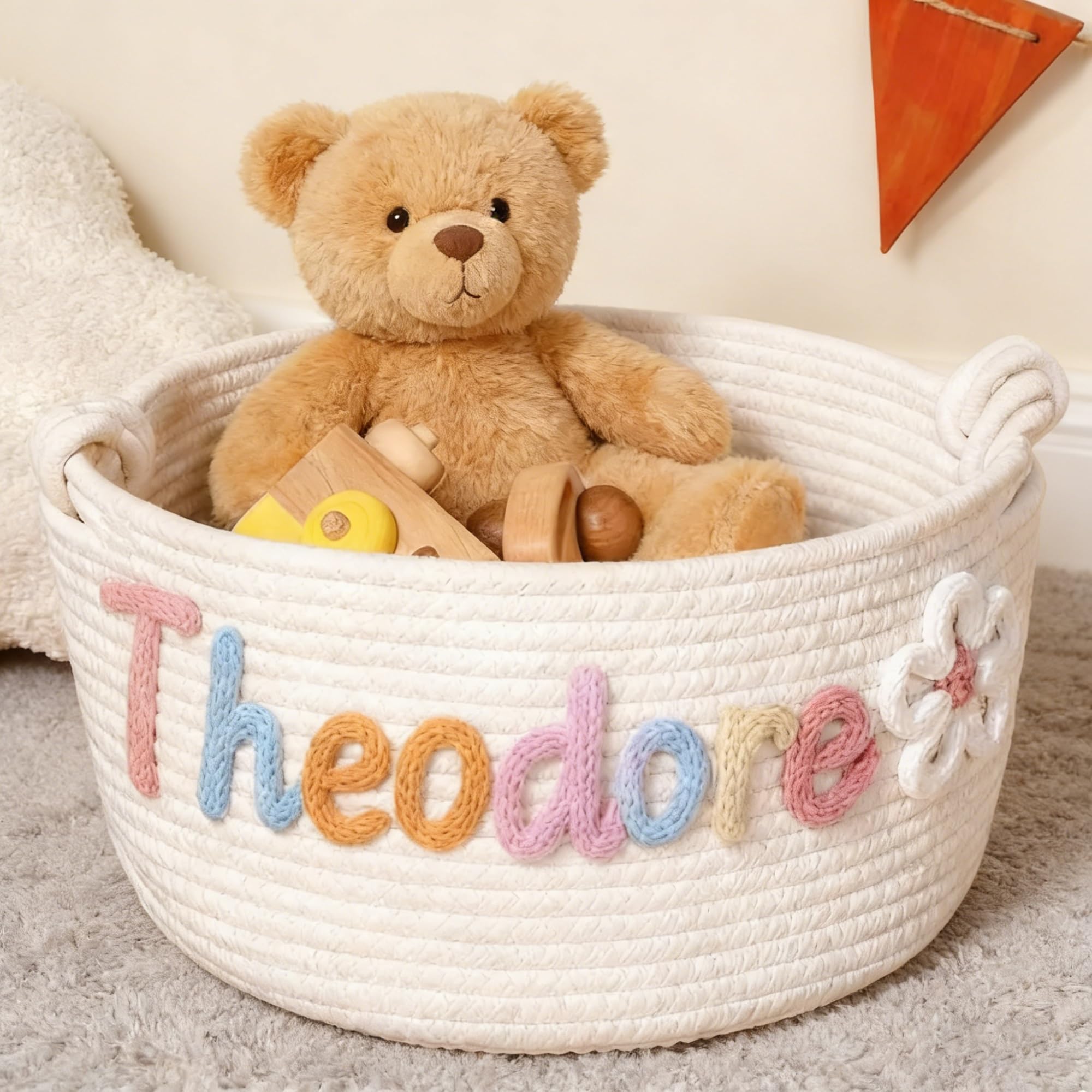 Personalisierter Babygeschenkkorb, Handgefertigter Korb Aus Geflochtenem Seil Mit Individuellem Namen, Osterkorb Für Jungen Und Mädchen, Geräumiger Wäschekorb(S:27X12X19CM)