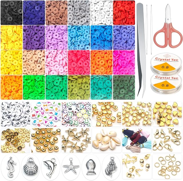 7000 Pcs Clay Beads, 24 Colors Flat Round Polymer Clay Beads 6mm Spacer Heishi Beads with Smiley Letter Beads Tassel and Silver Pendant Disc Beads for Bracelets Necklace Earring DIY Jewelry Making