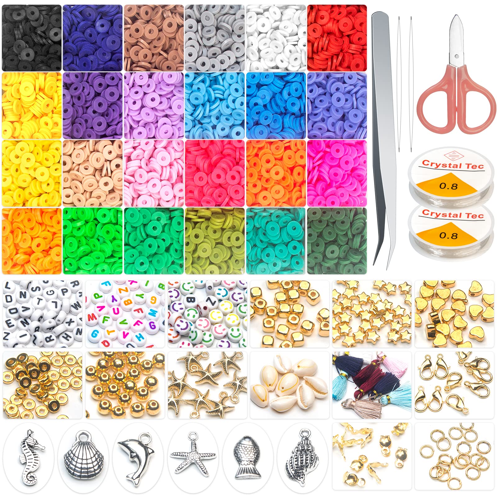 SUKVTDY 7000 Pcs Clay Beads, 24 Colors Heishi Beads for Jewelry Making, 6mm Flat Beads Polymer Clay Beads with Pendant Charms Kit and Smiley Face Letter Bead Tassle for DIY Craft