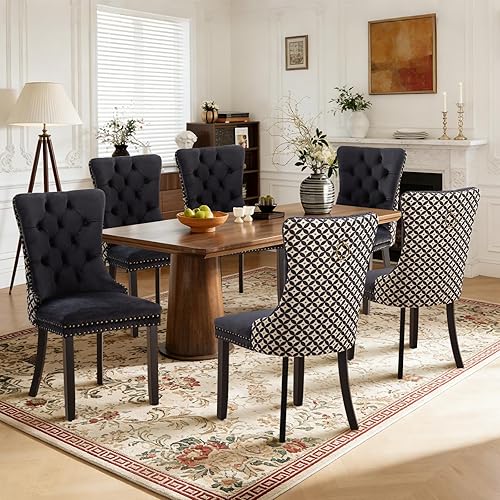 Miniatura 22 de Juego de 6 sillas de comedor de cuero, sillas laterales con respaldo alto, silla lateral tapizada moderna con anillo trasero de botón, patas de negro