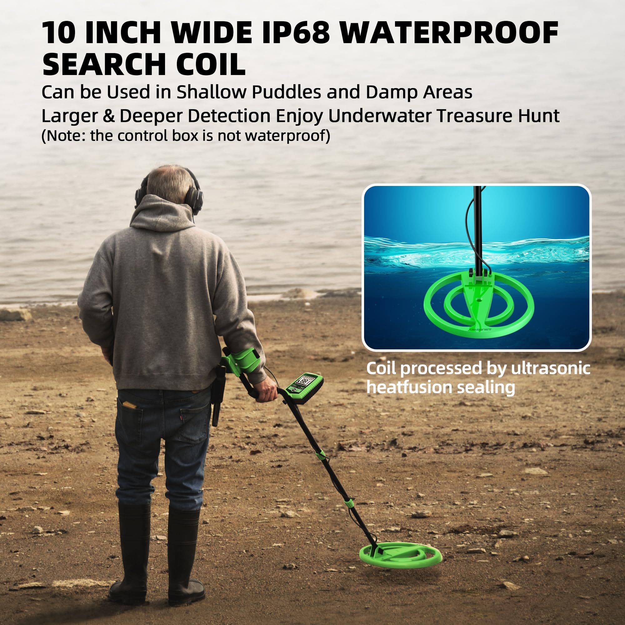 ABLEGRID Detector de metales recargable para adultos y niños, detector subterráneo profesional dorado con mayor precisión, LCD, 5 modos y chip DSP antiinterferencia, impermeable de 10 pulgadas