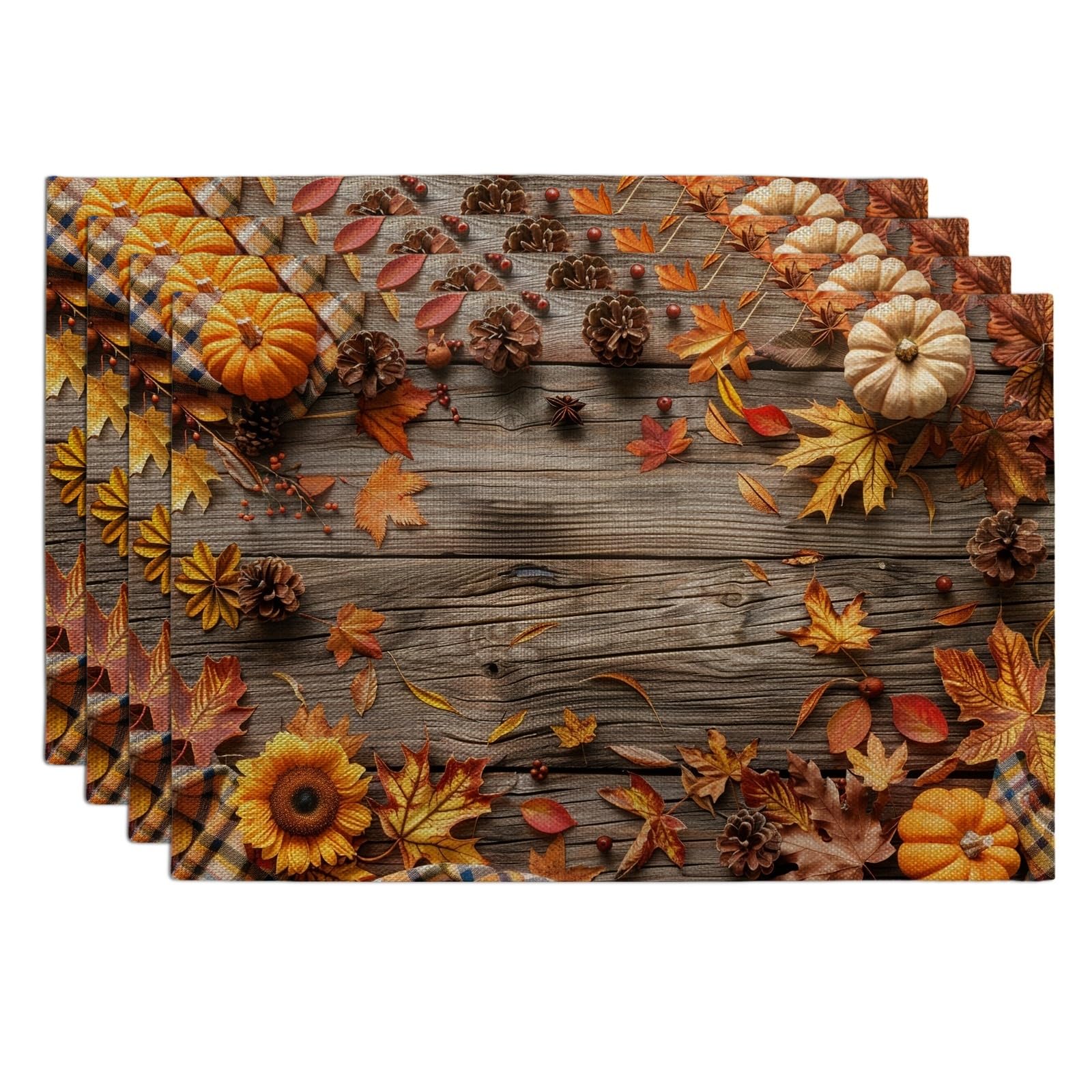 Autumn Harvest Pumpkin Placemats, Orange Rustic Fall Table Mats for Dining Room, Non-Slip Washable Indoor Outdoor Decor Placemat Set of 4