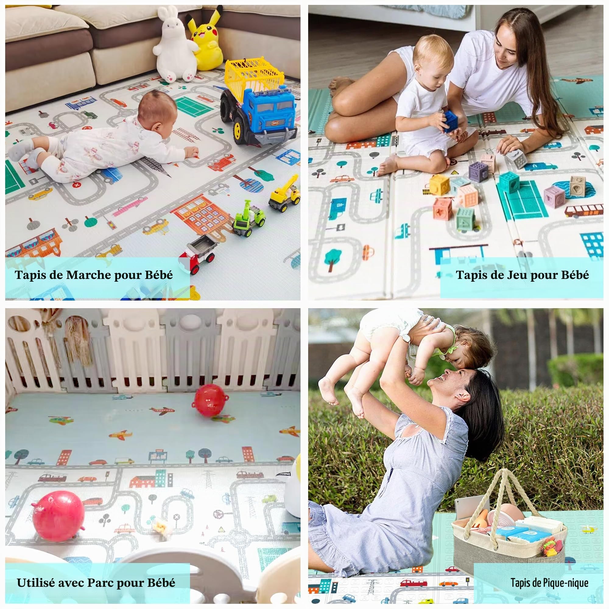 Grand tapis de jeu en mousse pour enfants, tout-petits, nourrissons, ultra épais, pliable, antidérapant, 79.8 cm x 200 cm, Trafic.