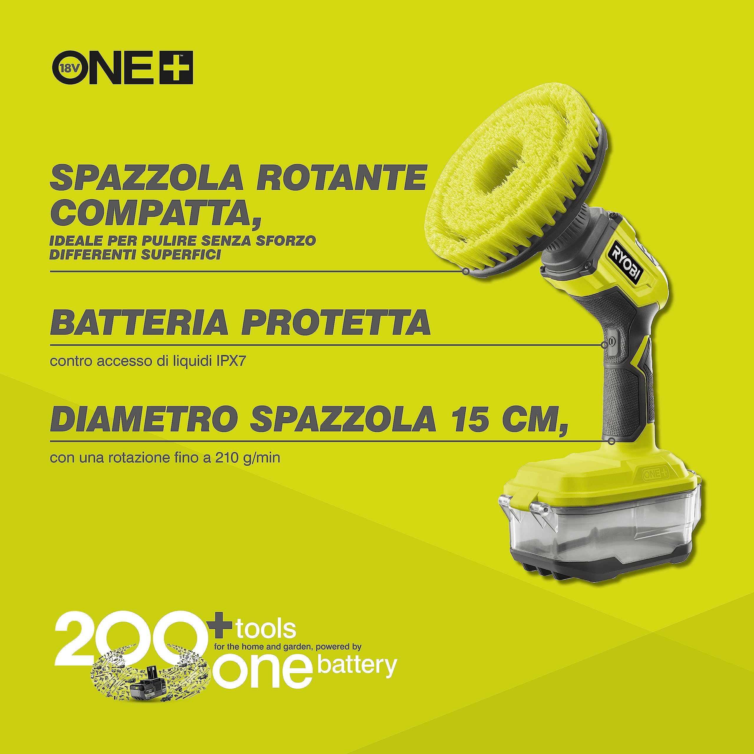 Ryobi Spazzola Rotante a Batteria 18V ONE+, Diametro 15 cm, Rotazione 210 rpm, IPX7, per Pulizia Terrazzi, Auto, Mobili da Giardino, Senza Batteria, R18CPS-0