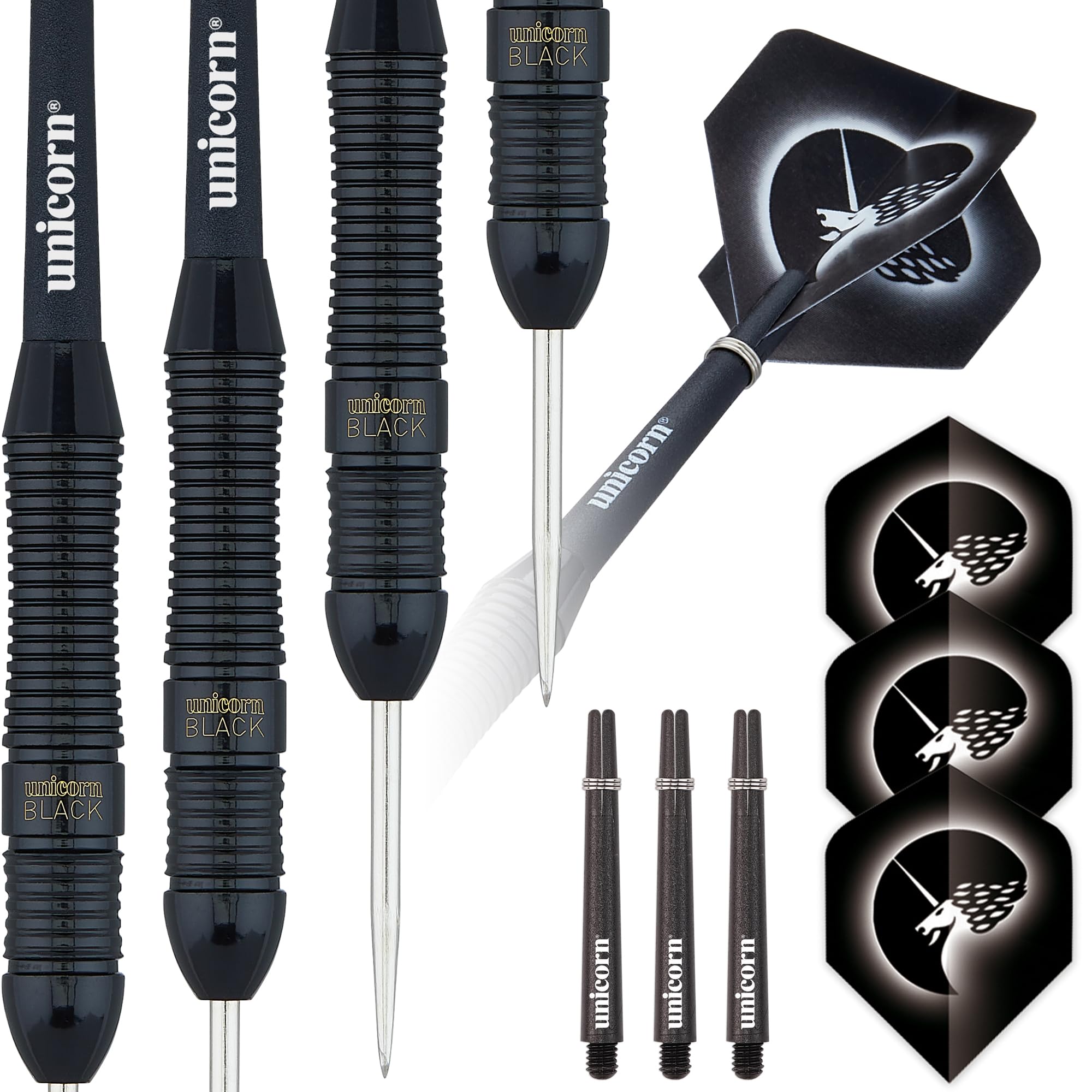 Unicorn Steel Tip Darts Set - Core Plus Authentic 100% Brass Barrels with Black Coating - 22 g, 24 g or 26 g