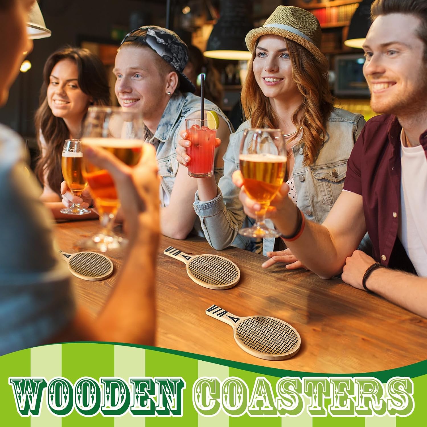 Hushee 6 Pack Wood Racket Drink Coasters Paddle Shape with Handle