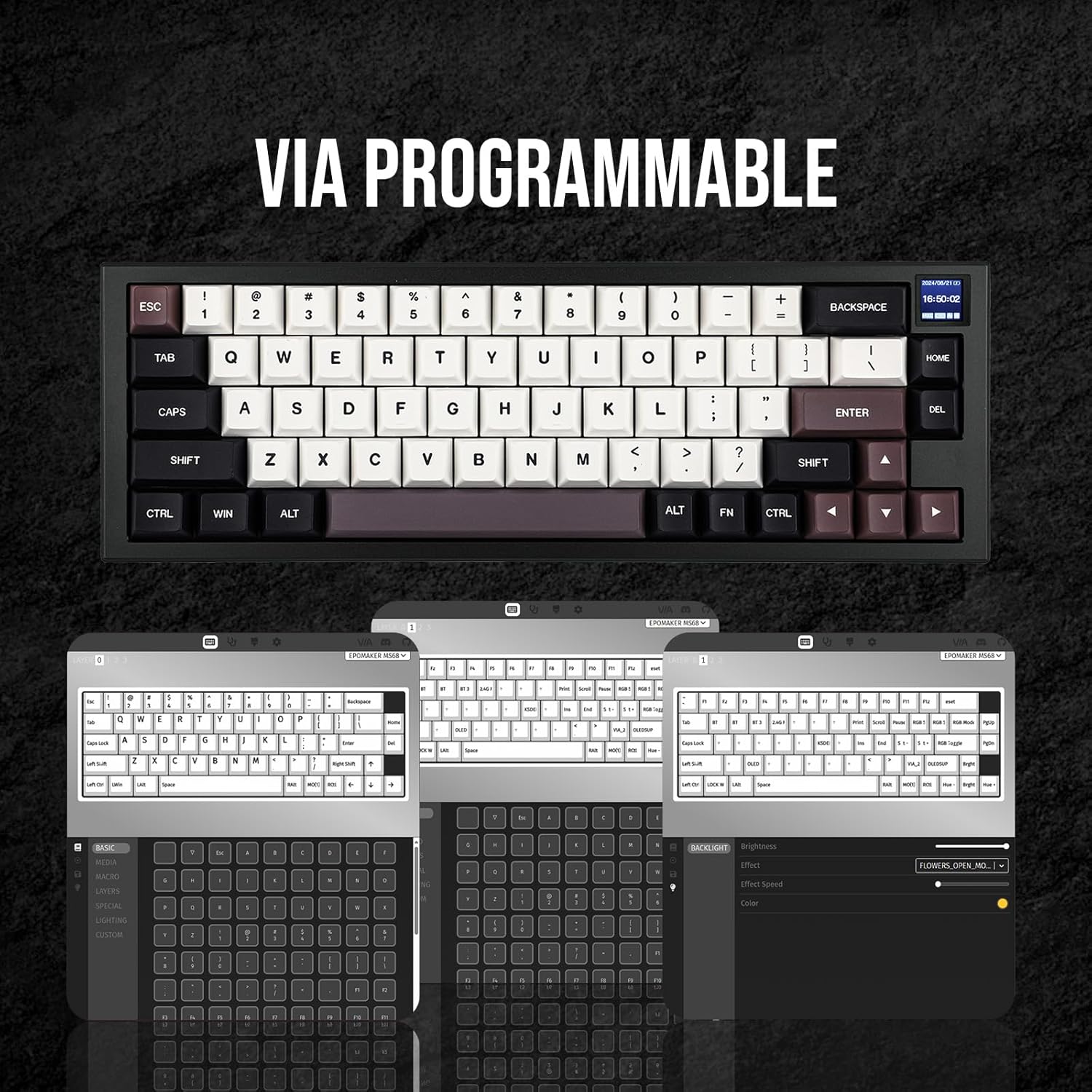 EPOMAKER MS68 demonstrating VIA software for key remapping and lighting customization
