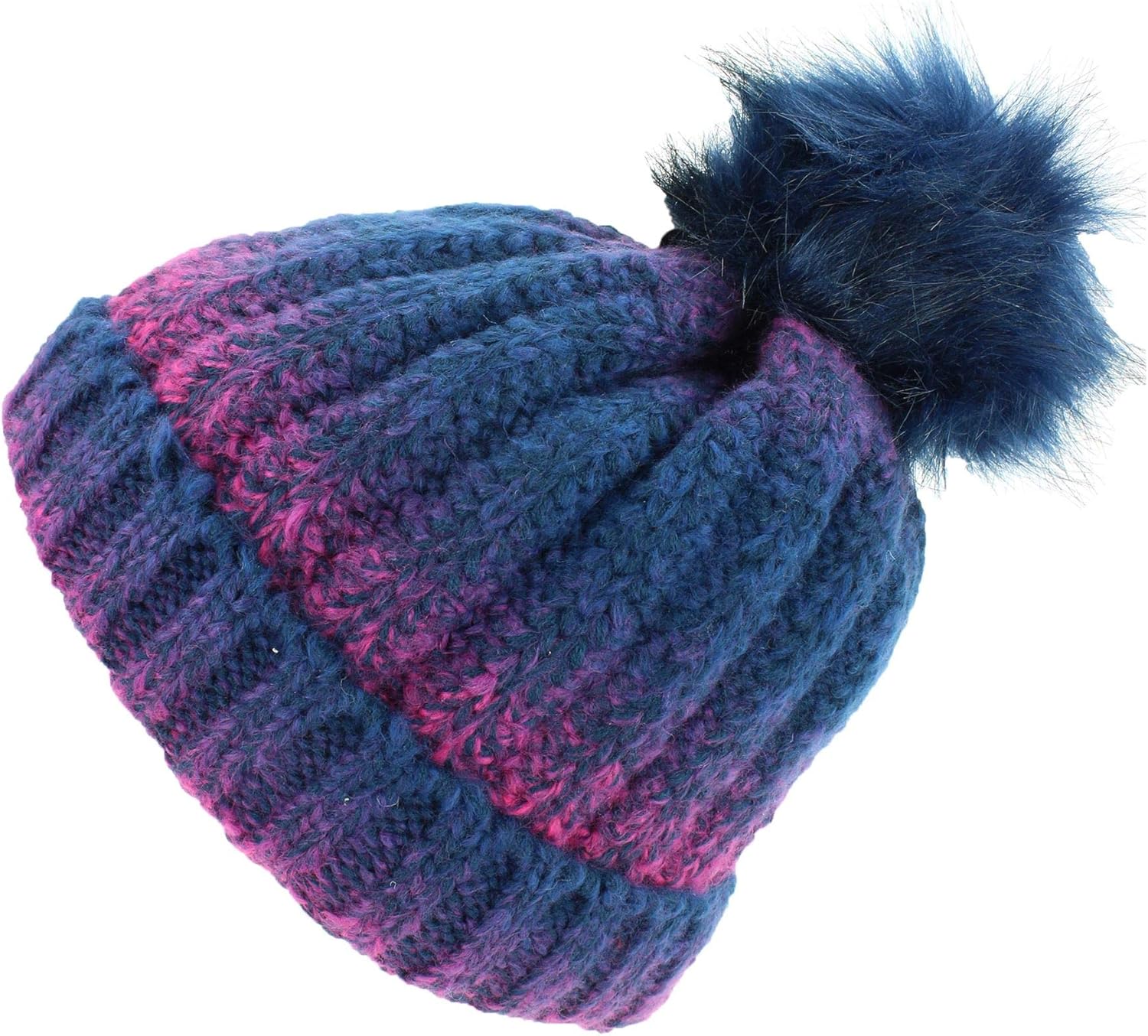 Chunky Ribbed Knit Beanie Hat Two Tone with Large Faux Fur Bobble and