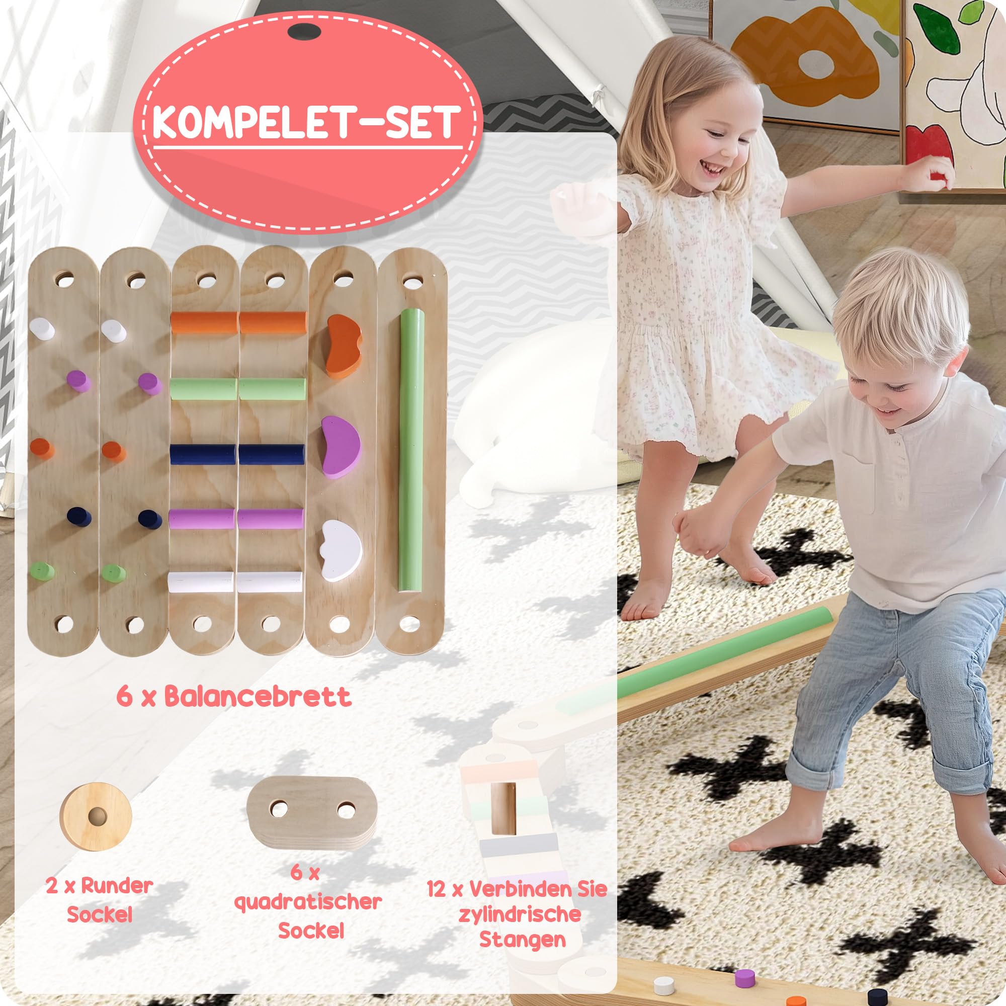 AIYAPLAY Balancierbalken Kinder Holz Schwebebalken 6 Balanciersteine | Kleinkinder, Bunte Hindernissteine, Montessori Spielzeug, Drinnen Draußen, Balance Board, für Koordination, ab 3-8 Jahre