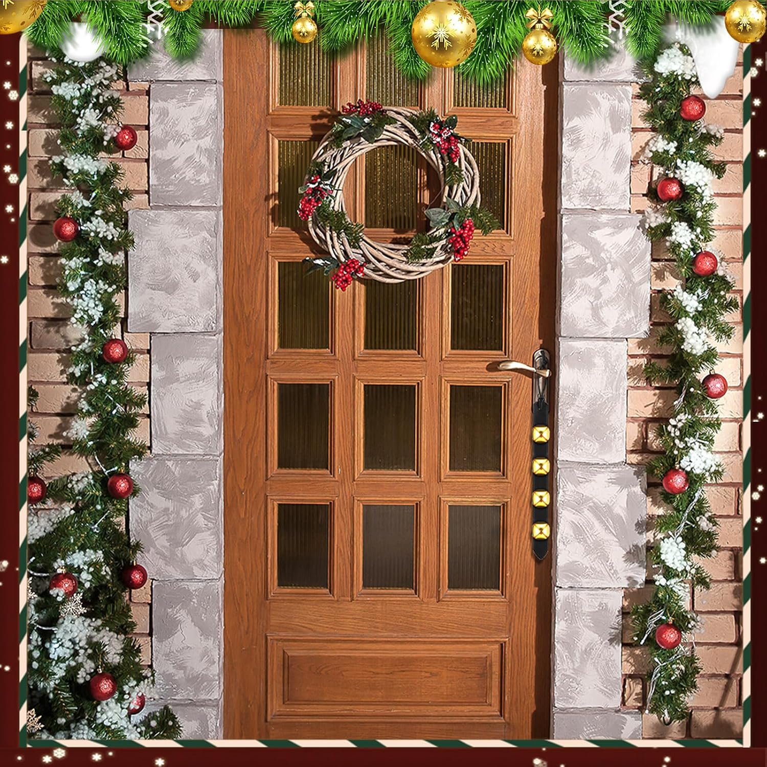 Liliful 6 Pcs Christmas Gold Sleigh Jingle Bells Door Hanger Leather Strap