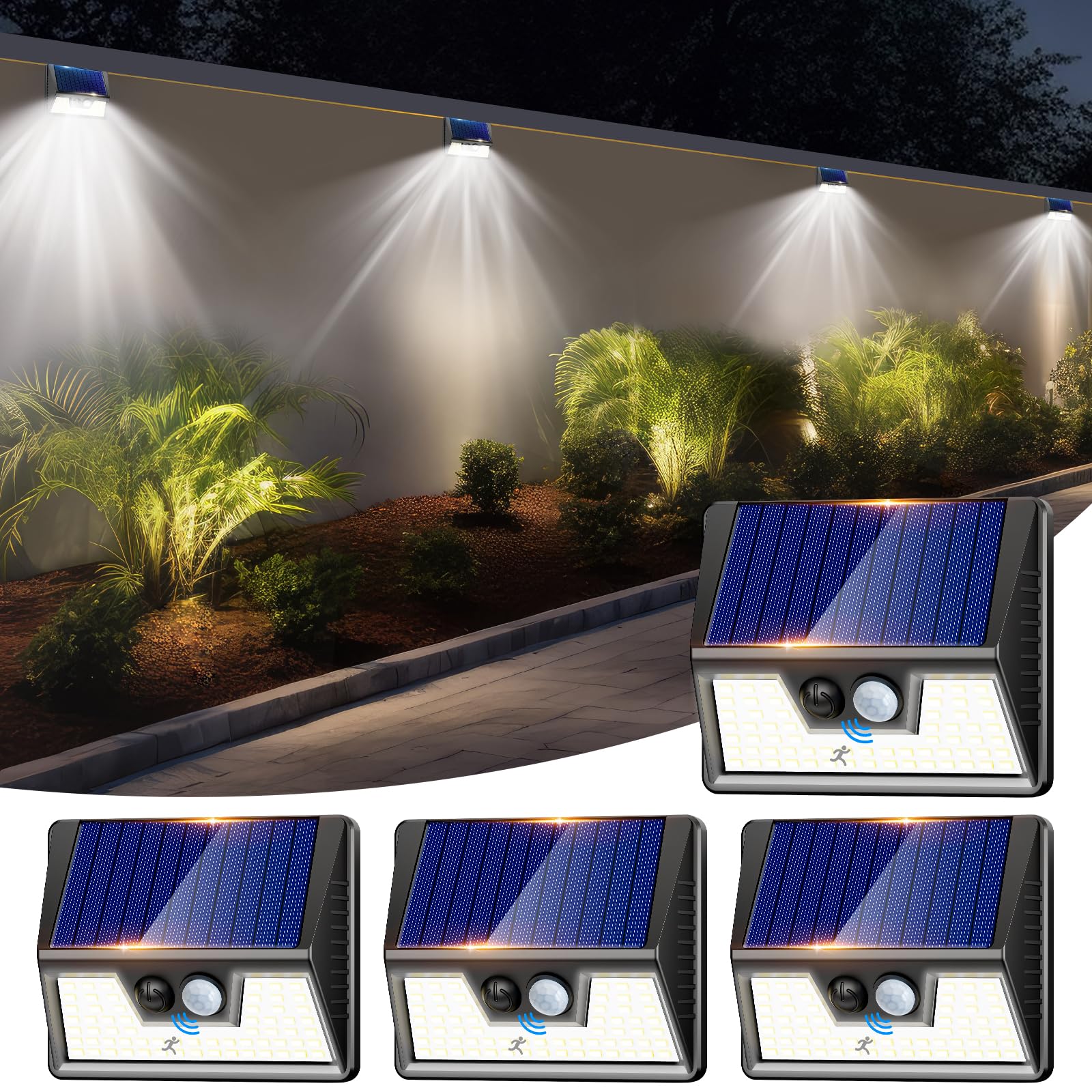 nipify Luz Solar Exterior,【4 Paquete/3 Modos】 Focos Led Solares Exterior con Sensor de Movimiento, Impermeable Luces Solar Exterior, Lamparas Exterior para Jardín, Garaje, Patio,Caminos